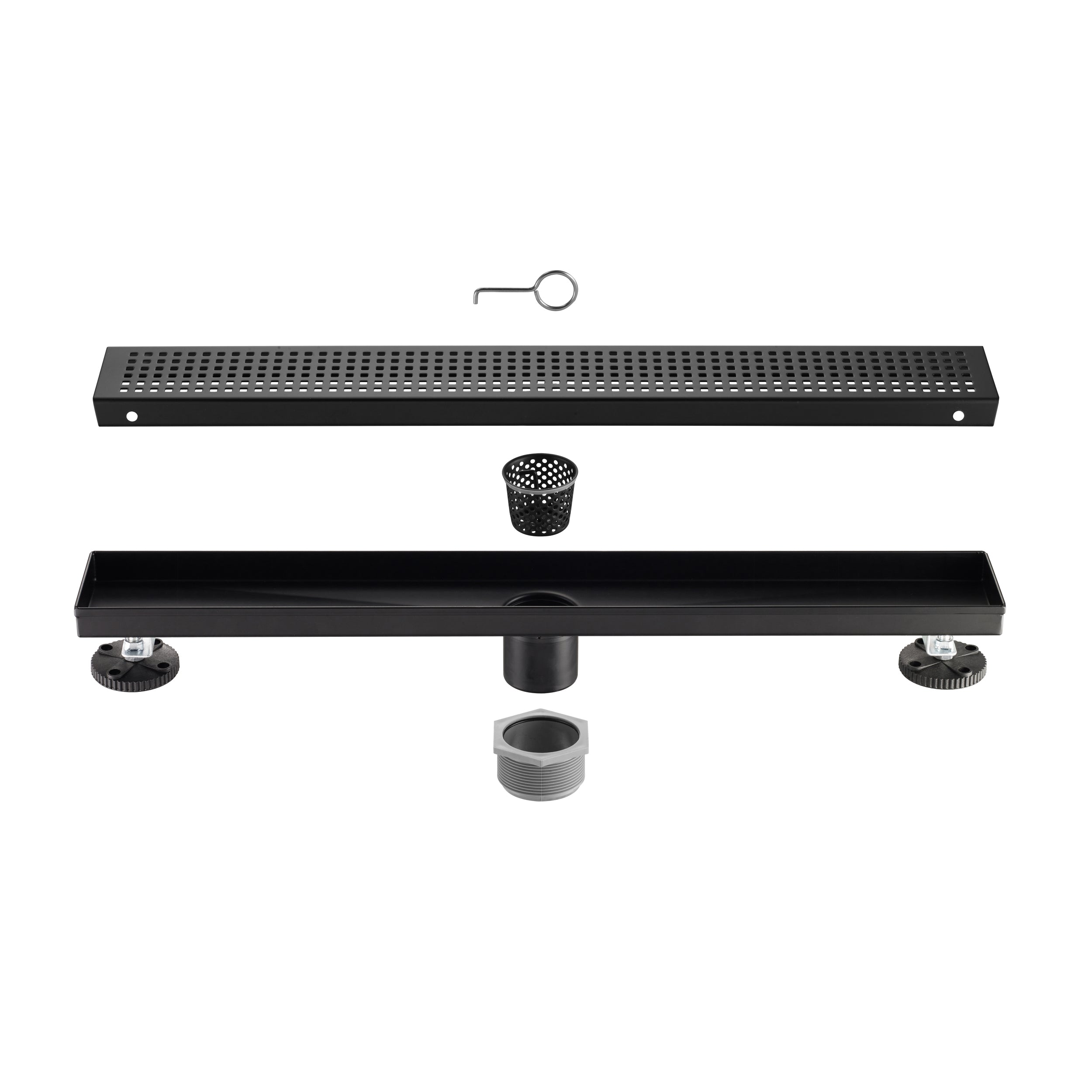 32" Linear Shower Drain, Square Hole Pattern Shower Drain, Matte Black Polished 304 Stainless Steel Linear Drain with Levelingft & Hair Strainer