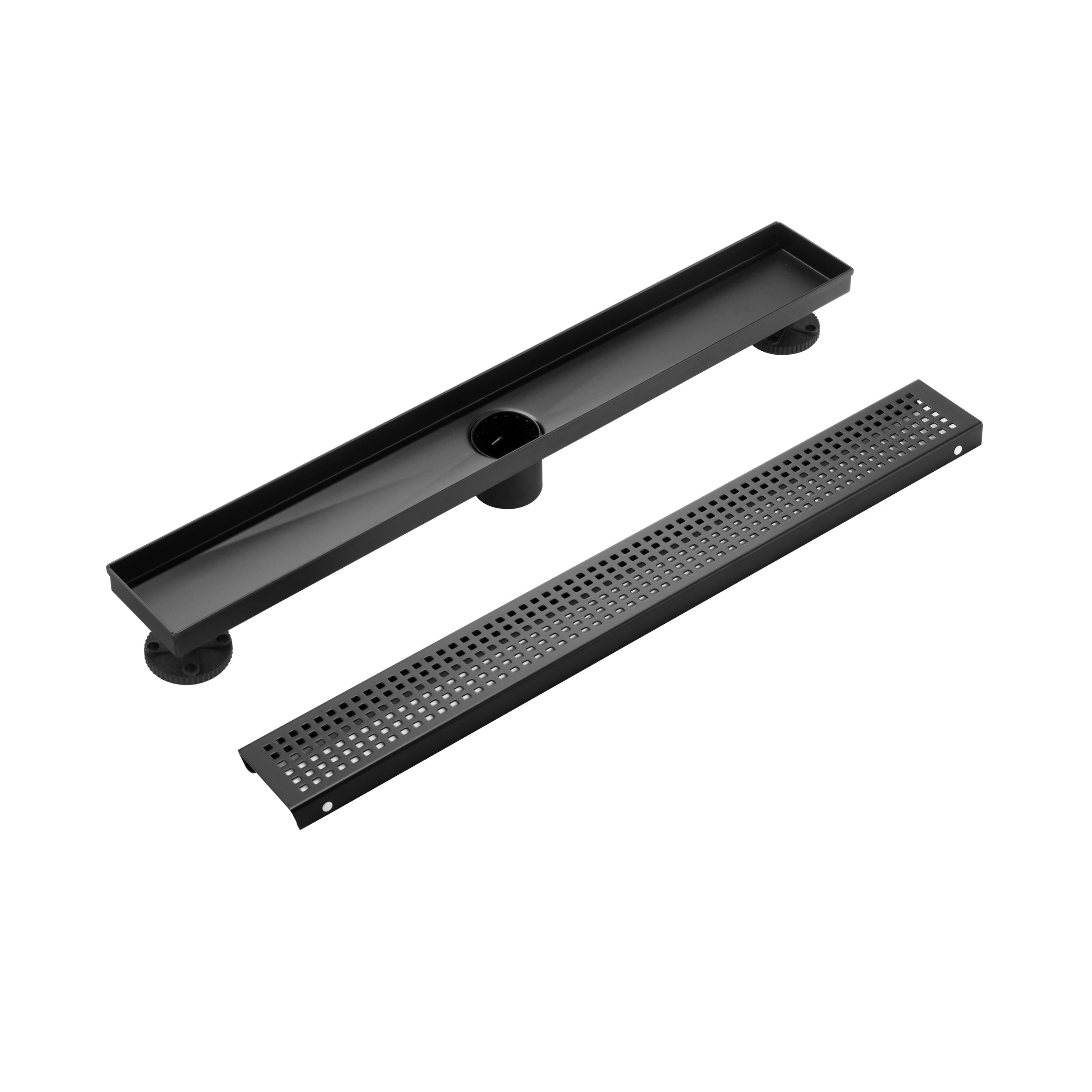 32" Linear Shower Drain, Square Hole Pattern Shower Drain, Matte Black Polished 304 Stainless Steel Linear Drain with Levelingft & Hair Strainer