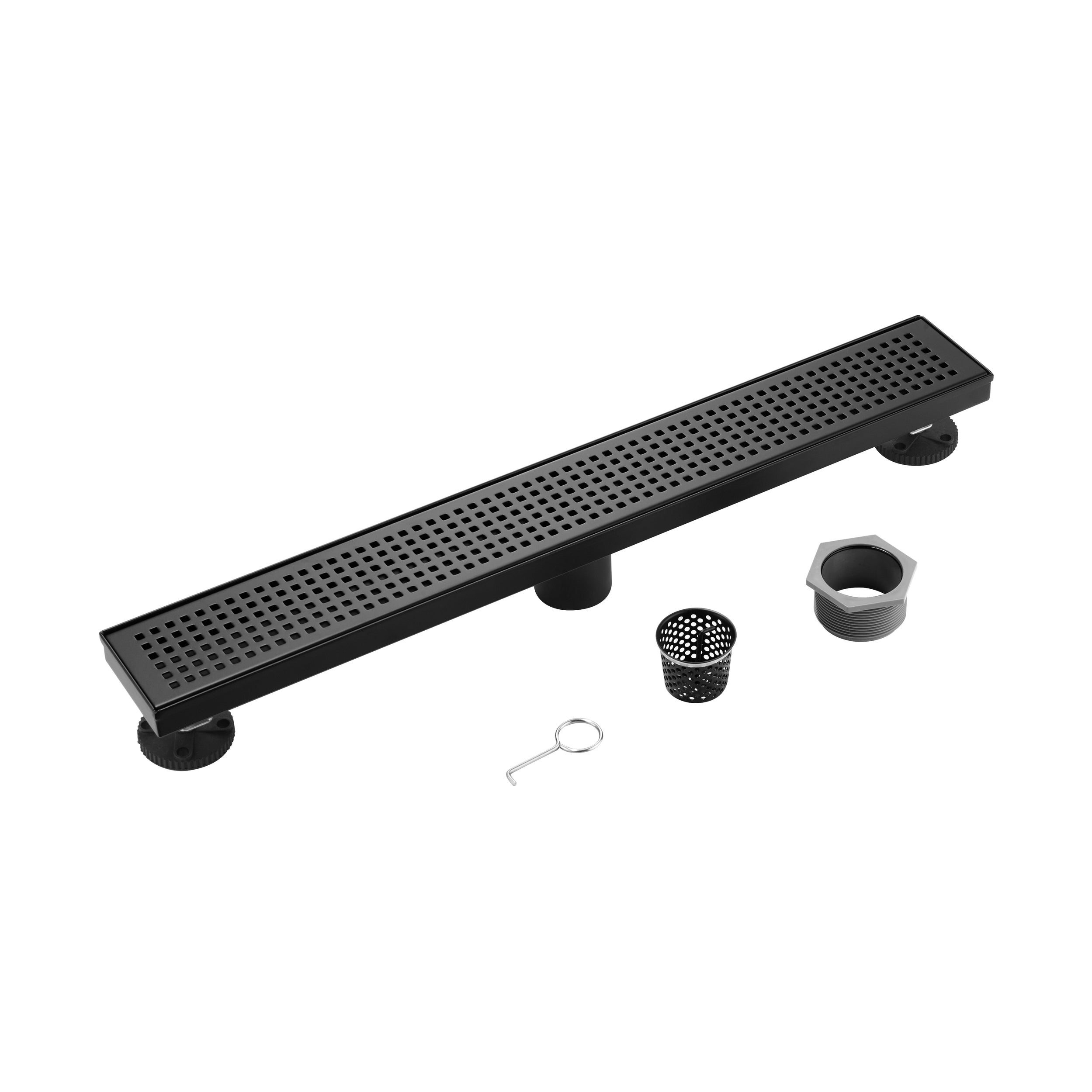 36" Linear Shower Drain, Square Hole Pattern Shower Drain, Matte Black Polished 304 Stainless Steel Linear Drain with Levelingft & Hair Strainer