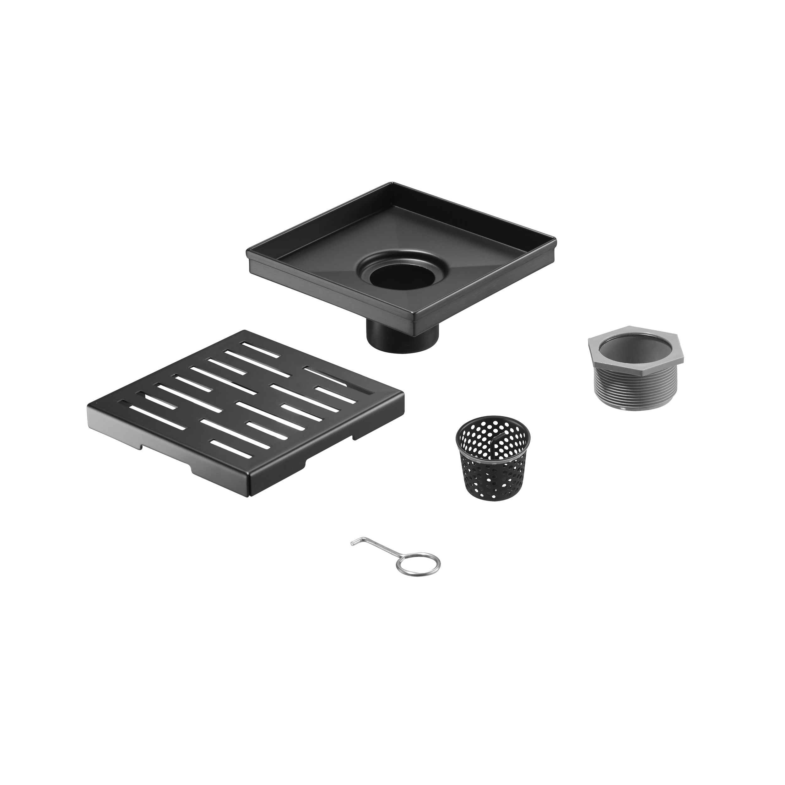 Square Shower Drain 6" with Removable Grate, Matte Black Polished 304 Stainless Steel Shower Drain, Shower Drain, Floor Shower Drain with Hair Strainer, Adjustable Levelingft