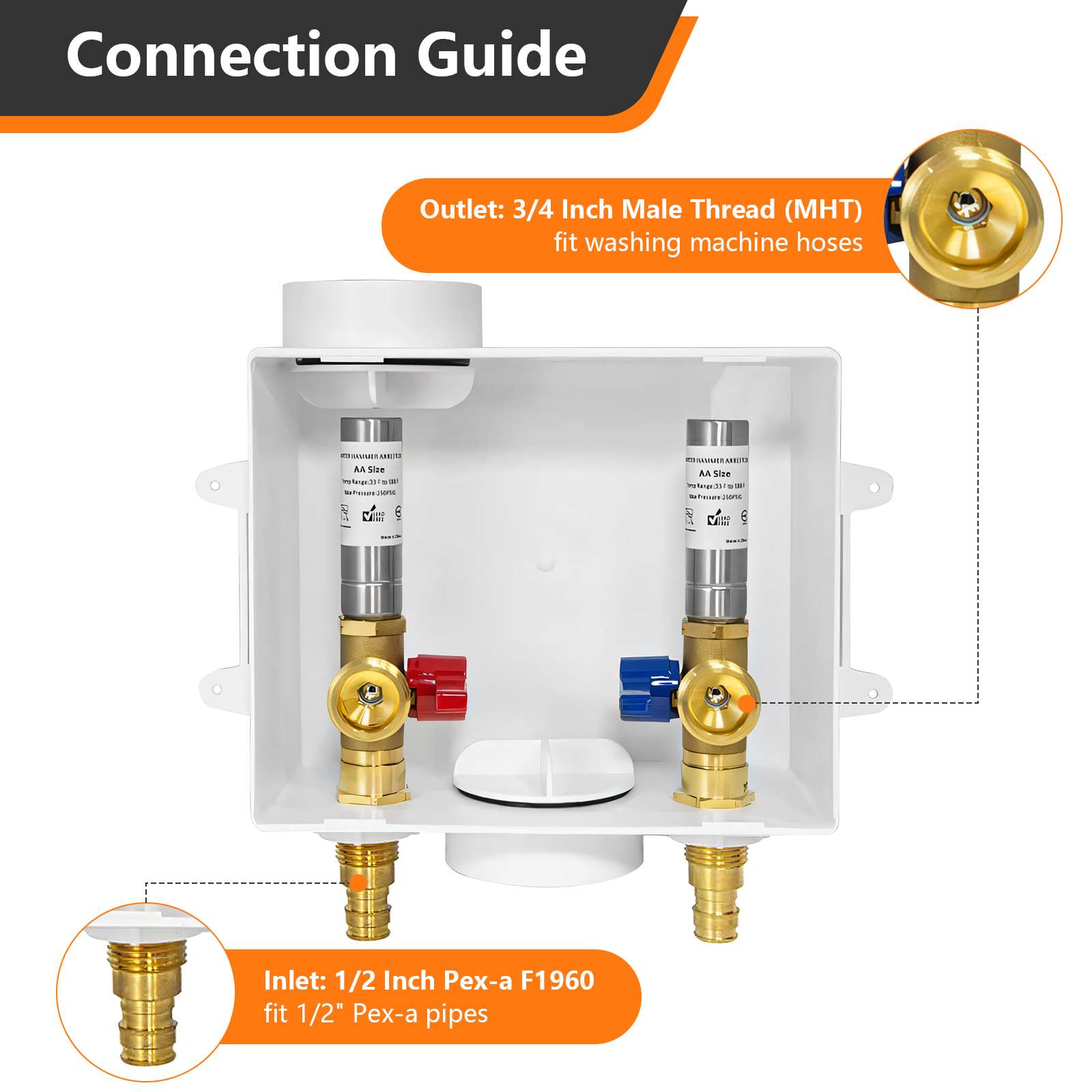 1/2" PEX Expansion (F1960) Inlet, Washing Machine Outlet Box, with Stainless Steel Water Hammer Arrestor