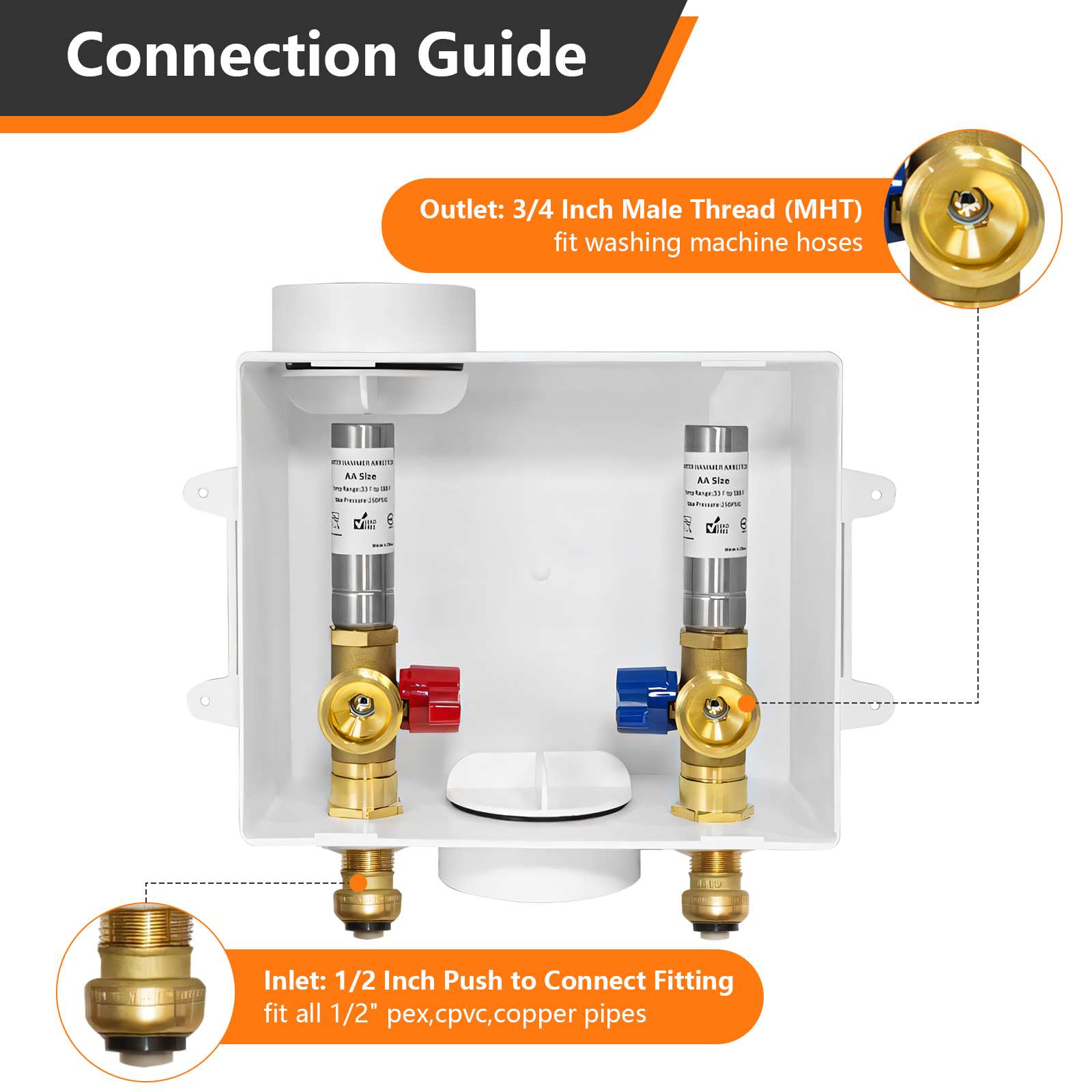 1/2" Push Fit Inlet, Washing Machine Outlet Box, with Stainless Water Hammer Arrestor