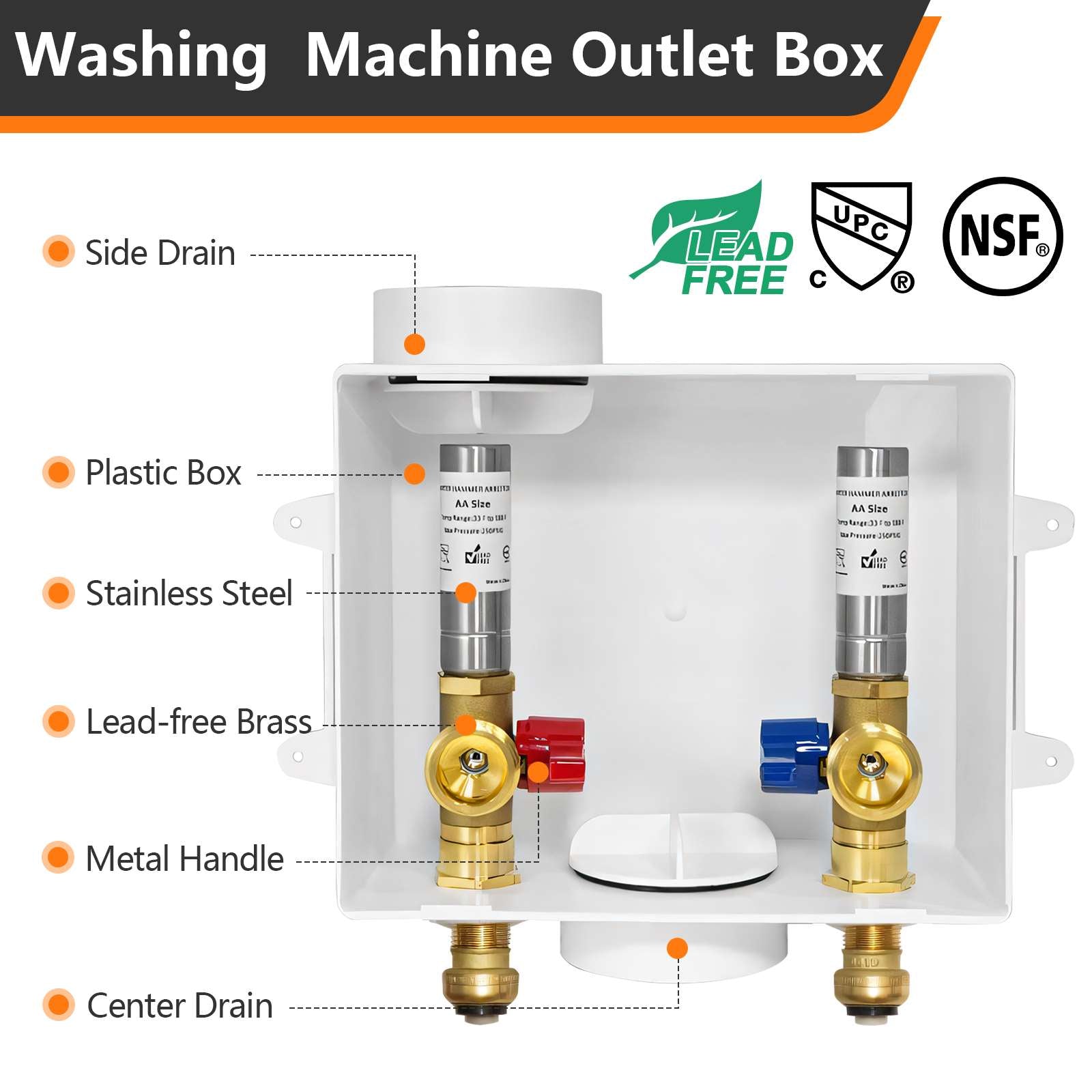 10 Pcs 1/2" Push Fit Inlet, Washing Machine Outlet Box, with Stainless Water Hammer Arrestor