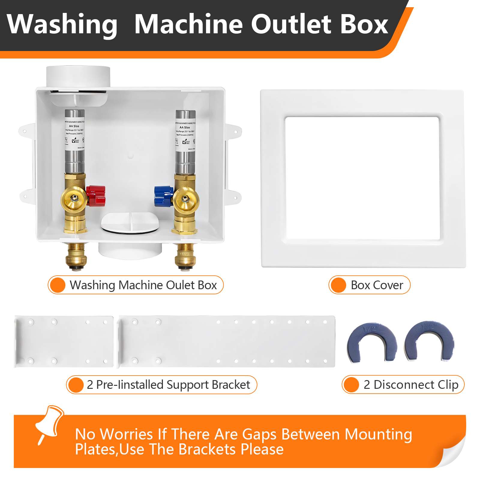 1/2" Push Fit Inlet, Washing Machine Outlet Box, with Stainless Water Hammer Arrestor