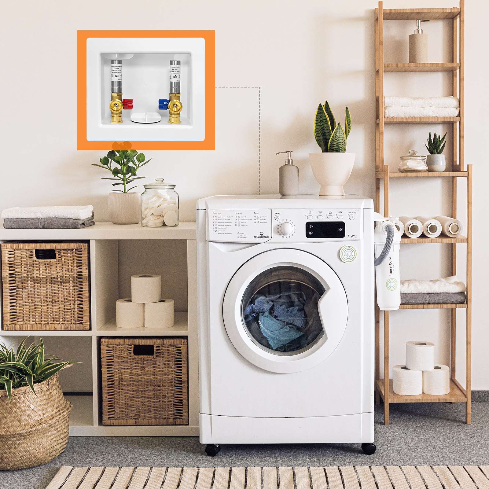 1/2" Push Fit Inlet, Washing Machine Outlet Box, with Stainless Water Hammer Arrestor