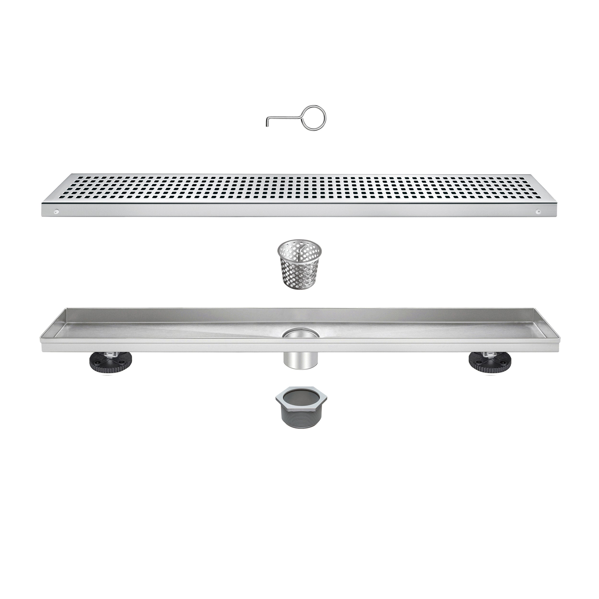 36" Linear Shower Drain, Square Hole Pattern Shower Drain, Brushed 304 Stainless Steel Linear Drain with Levelingft & Hair Strainer