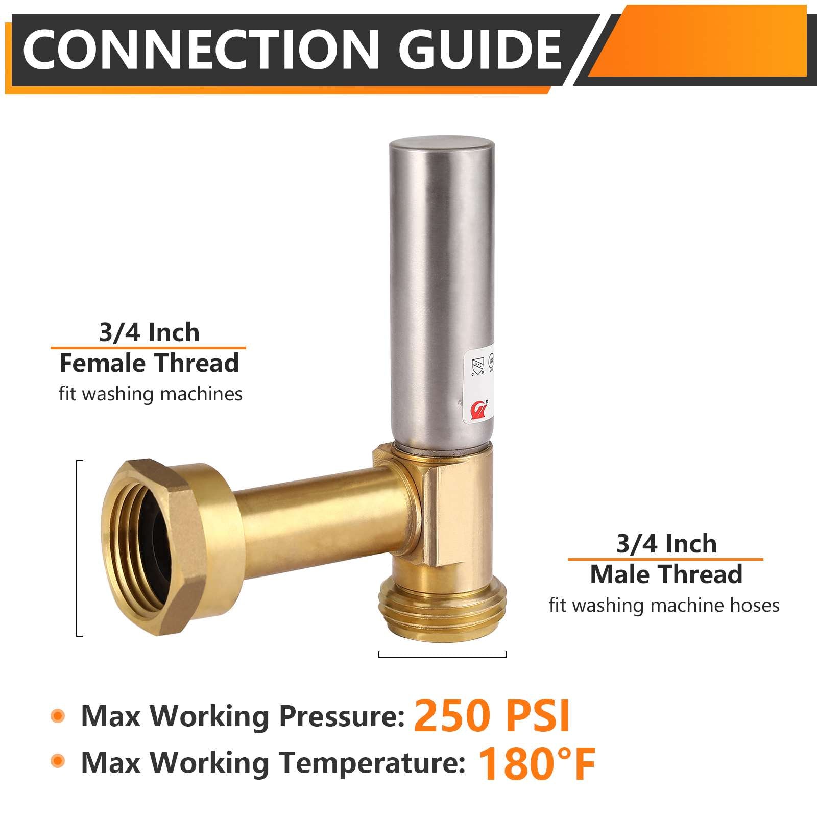 3/4" Swivel FHT x 3/4" MHT Water Hammer Arrestor Tee for Washing Machine, Stainless Steel