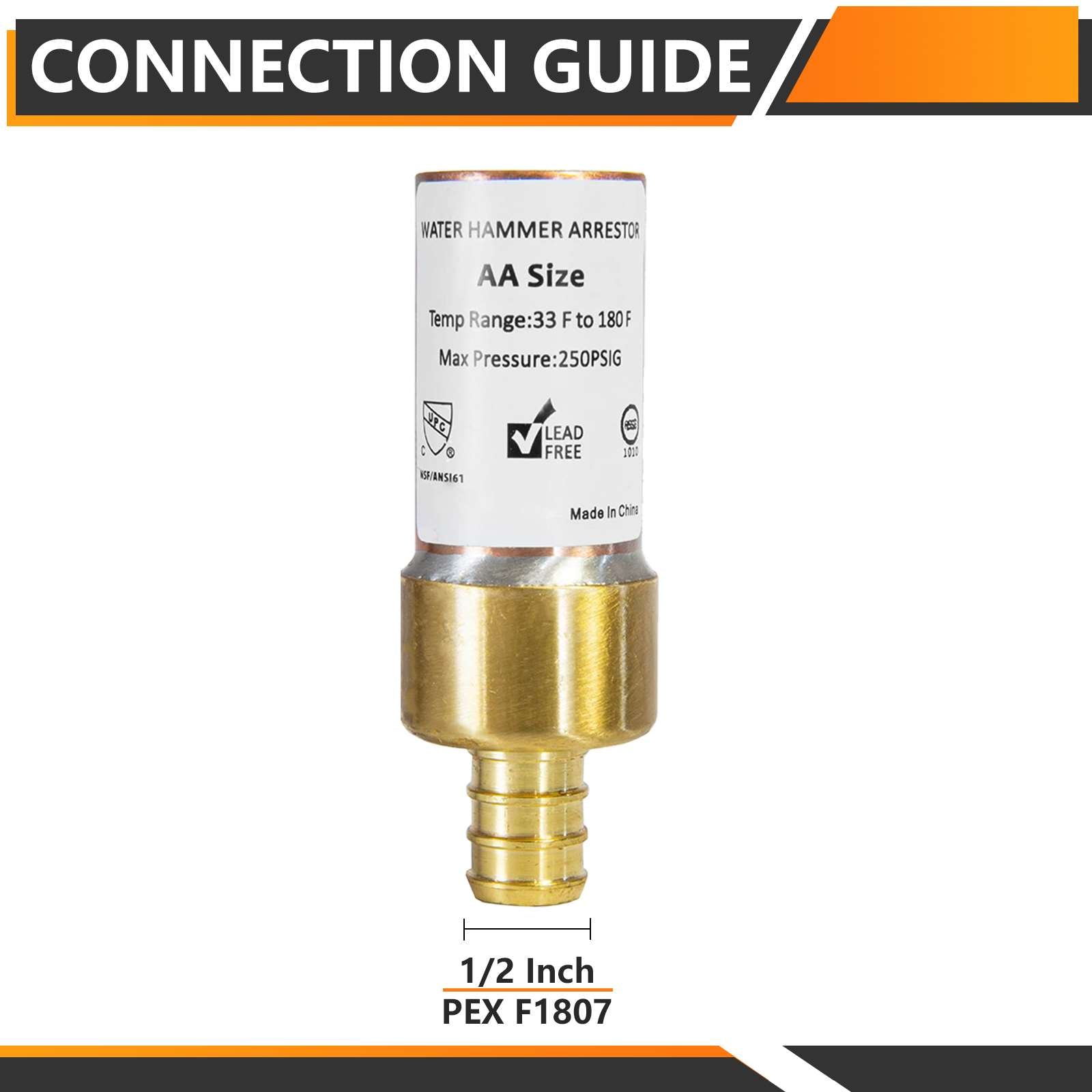 1/2" PEX Crimp Connection F1807, Straight Water Hammer Arrestor, Copper