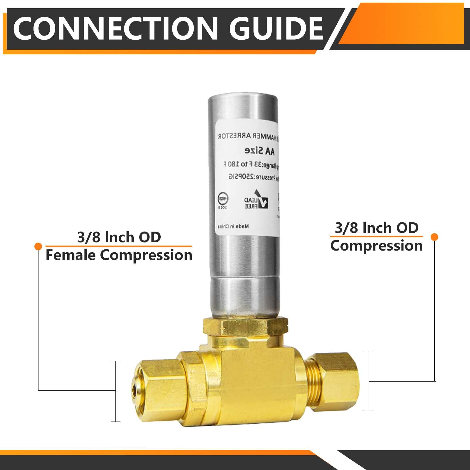 3/8" OD Comp. x 3/8" OD Female Comp. , Water Hammer Arrestor Tee For Dishwasher Connection, Stainless Steel