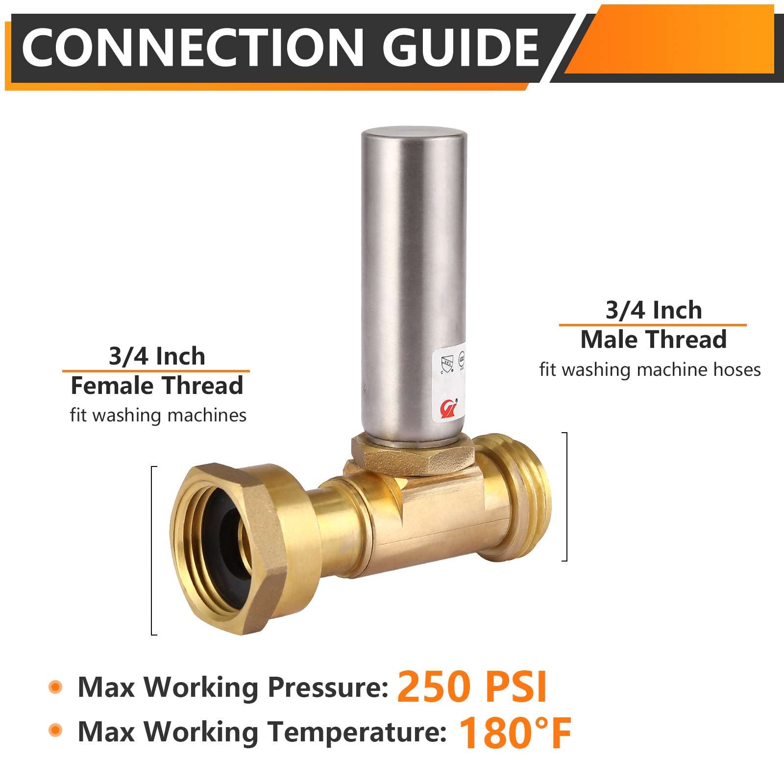 3/4" Swivel FHT x 3/4" MHT for Washing Machine, Water Hammer Arrestor Tee, Stainless Steel
