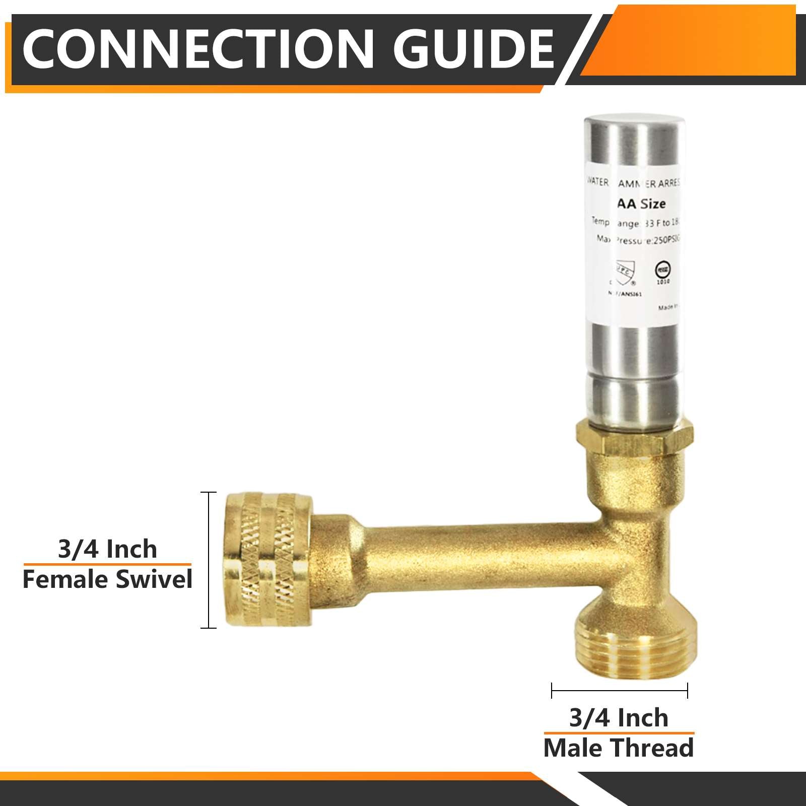 3/4" Swivel FHT x 3/4" MHT, Copper Tee Water Hammer Arrestors (MH-Y-240)