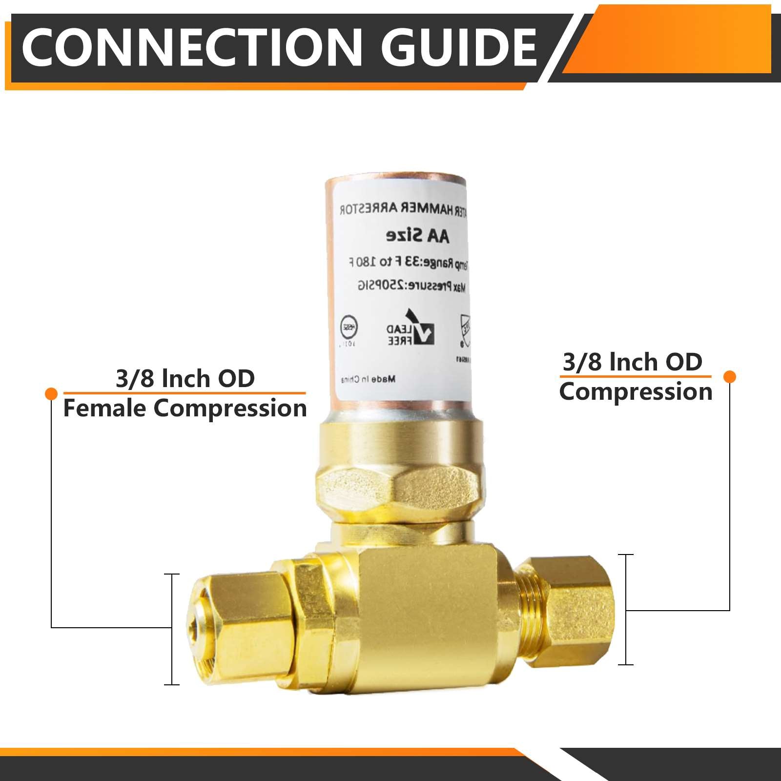 3/8" OD Comp. x 3/8" OD Female Comp. , Tee Copper Water Hammer Arrestor for Dishwasher Connection