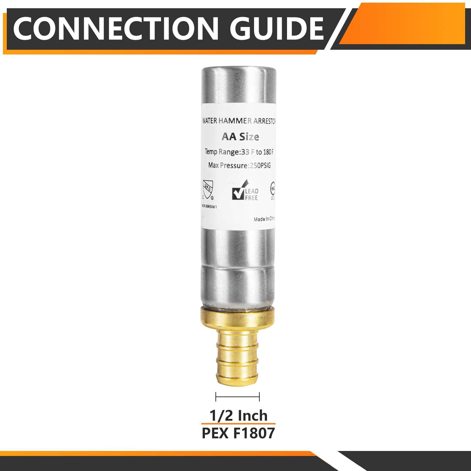 1/2" PEX Crimp Connection F1807, Straight Water Hammer Arrestor, Stainless Steel