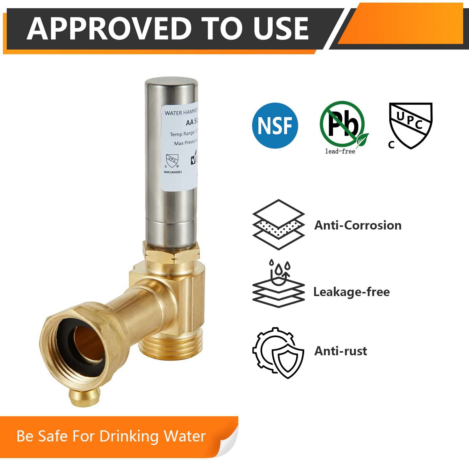 3/4" Swivel FHT x 3/4" MHT Water Hammer Arrestor Tee for Washing Machine, Stainless Steel