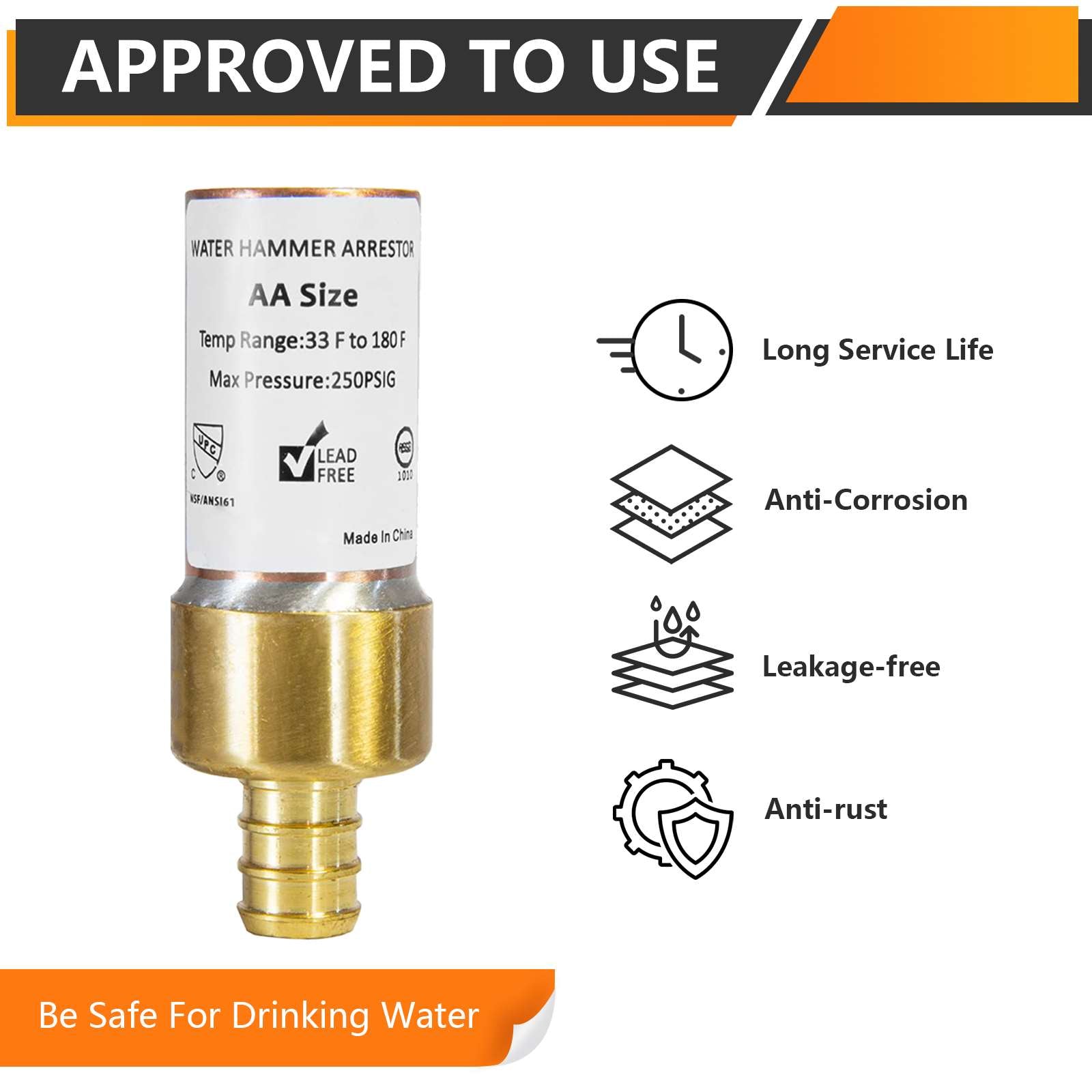 10 Pcs 1/2" PEX Crimp Connection F1807, Straight Water Hammer Arrestor, Copper