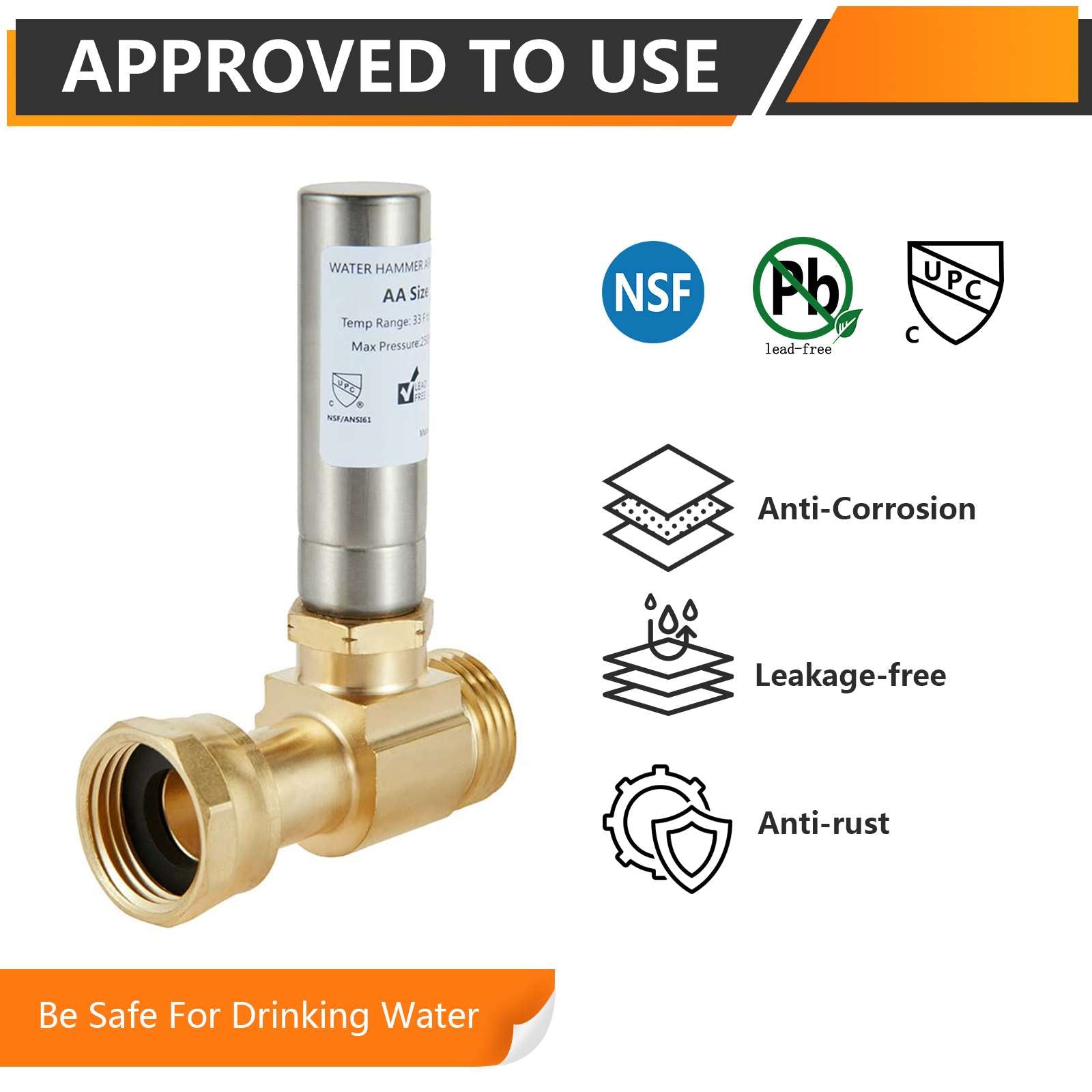 3/4" Swivel FHT x 3/4" MHT for Washing Machine, Water Hammer Arrestor Tee, Stainless Steel