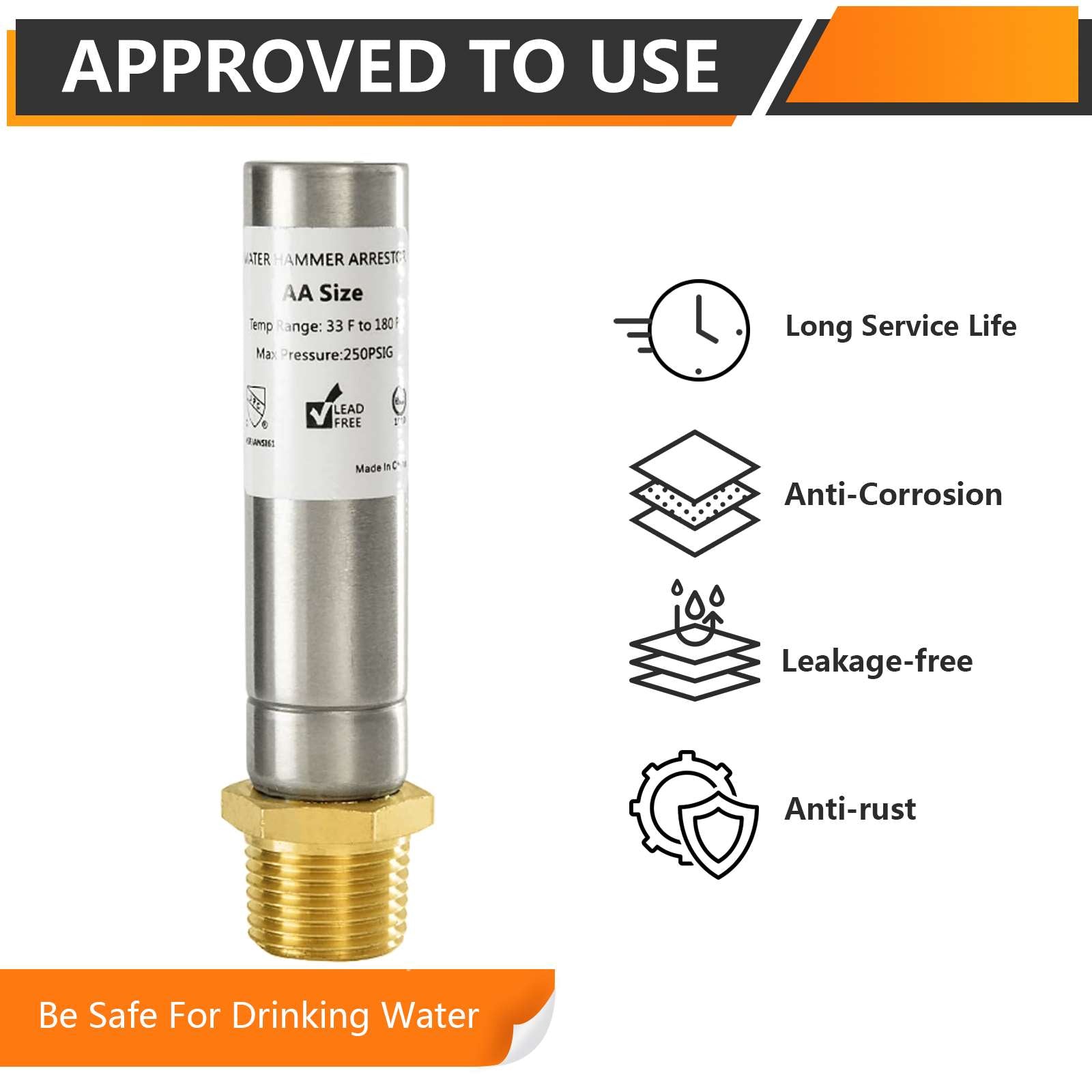 10 Pcs 1/2" MIP Thread, Straight Water Hammer Arrestor, Stainless Steel