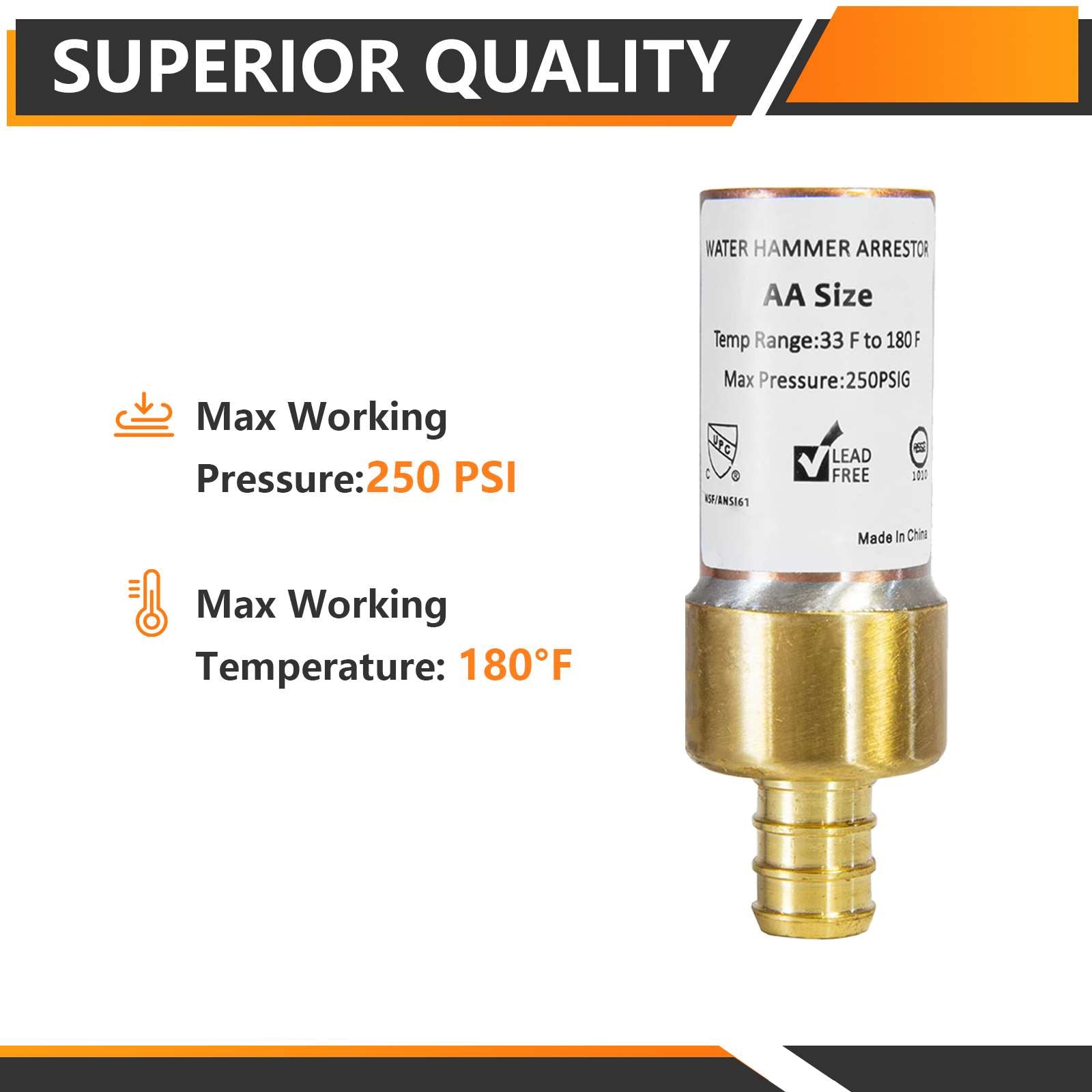 10 Pcs 1/2" PEX Crimp Connection F1807, Straight Water Hammer Arrestor, Copper