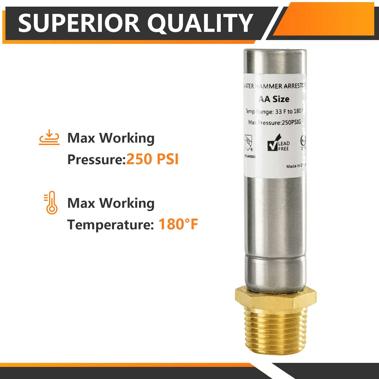 1/2" MIP Thread, Straight Water Hammer Arrestor, Stainless Steel