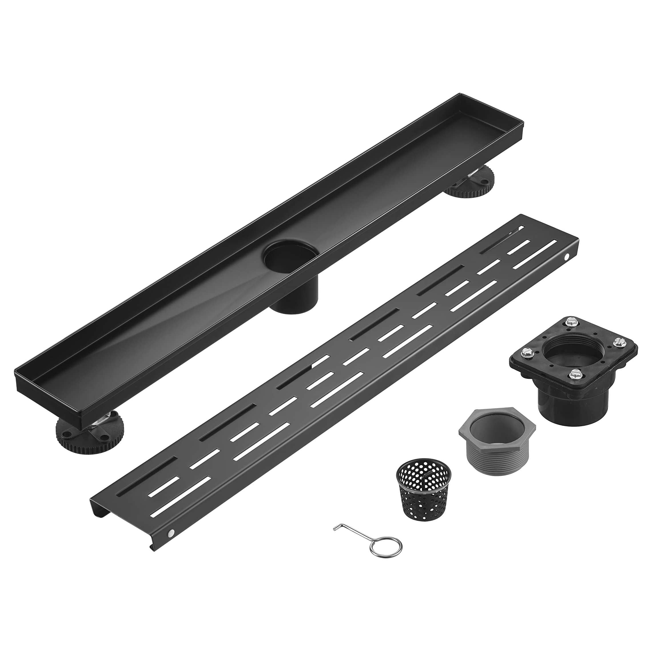 Linear Shower Drain 32" with Removable Grate, Matte Black Polished 304 Stainless Steel Shower Drain, Shower Drain, Floor Shower Drain with Hair Strainer, Adjustable Levelingft