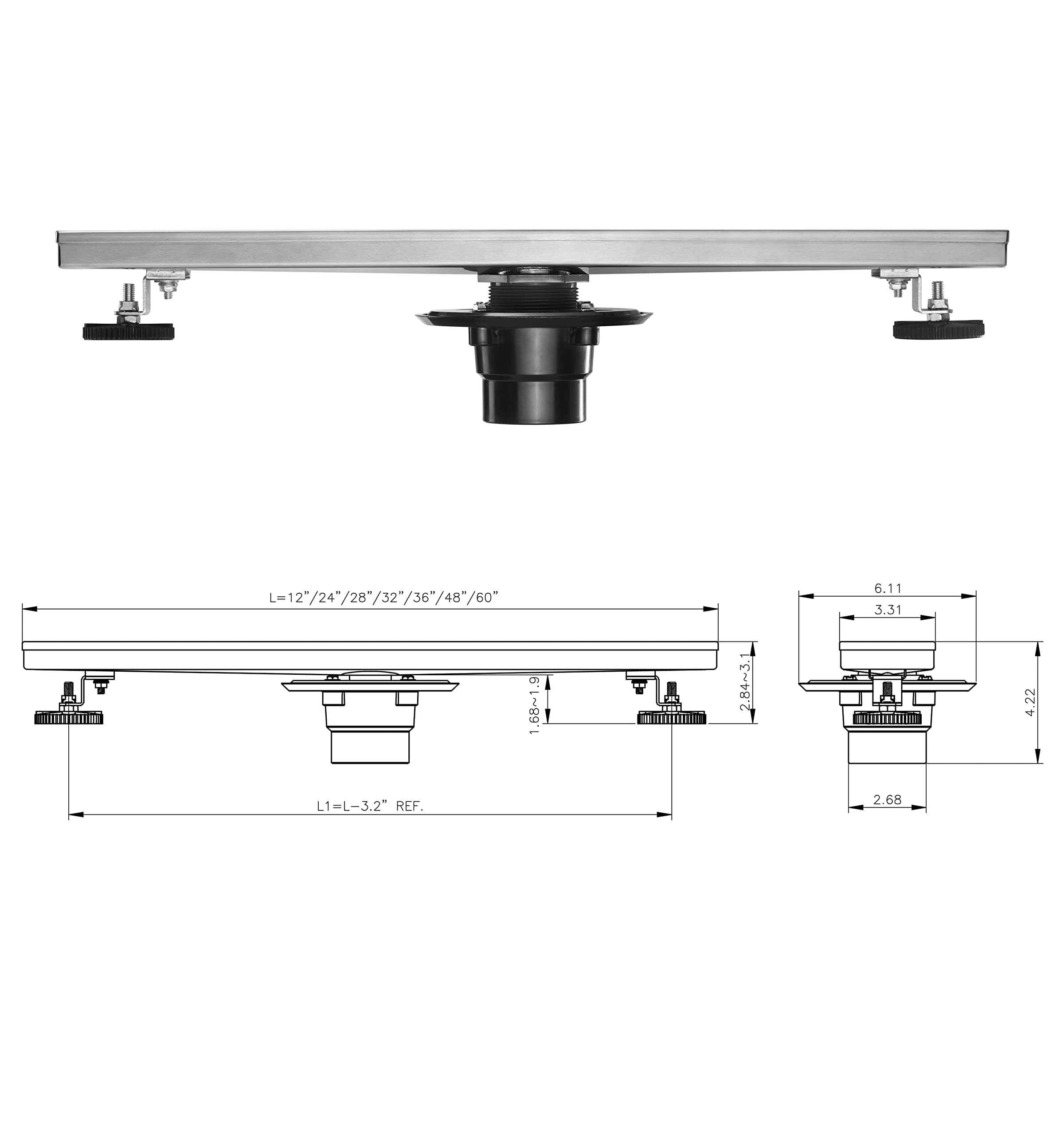 Linear Shower Drain 32" with Removable Grate, Matte Black Polished 304 Stainless Steel Shower Drain, Shower Drain, Floor Shower Drain with Hair Strainer, Adjustable Levelingft