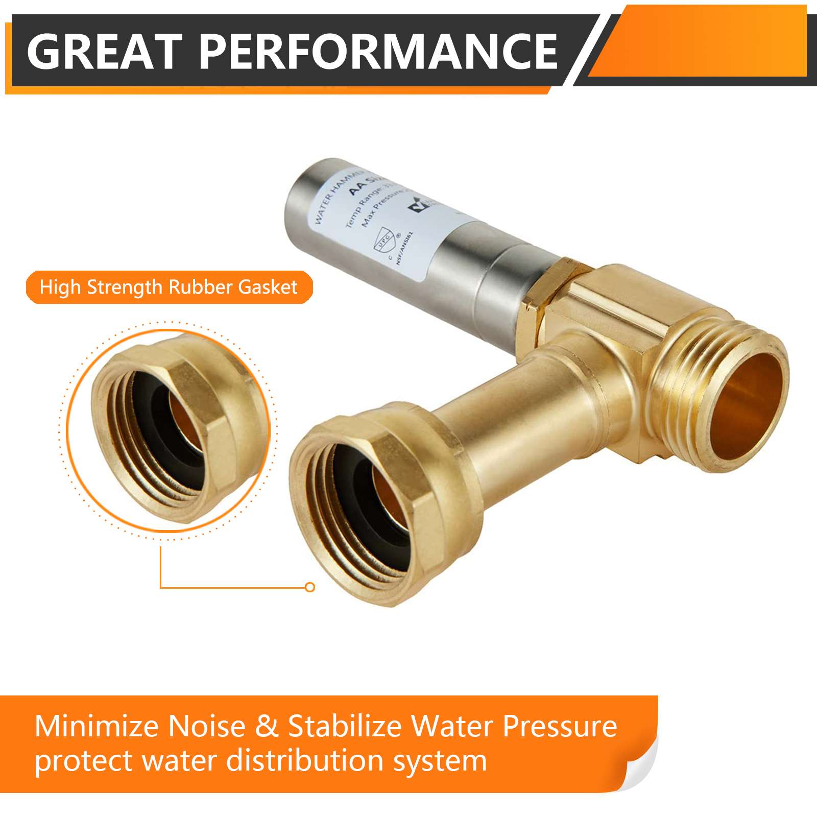 3/4" Swivel FHT x 3/4" MHT Water Hammer Arrestor Tee for Washing Machine, Stainless Steel