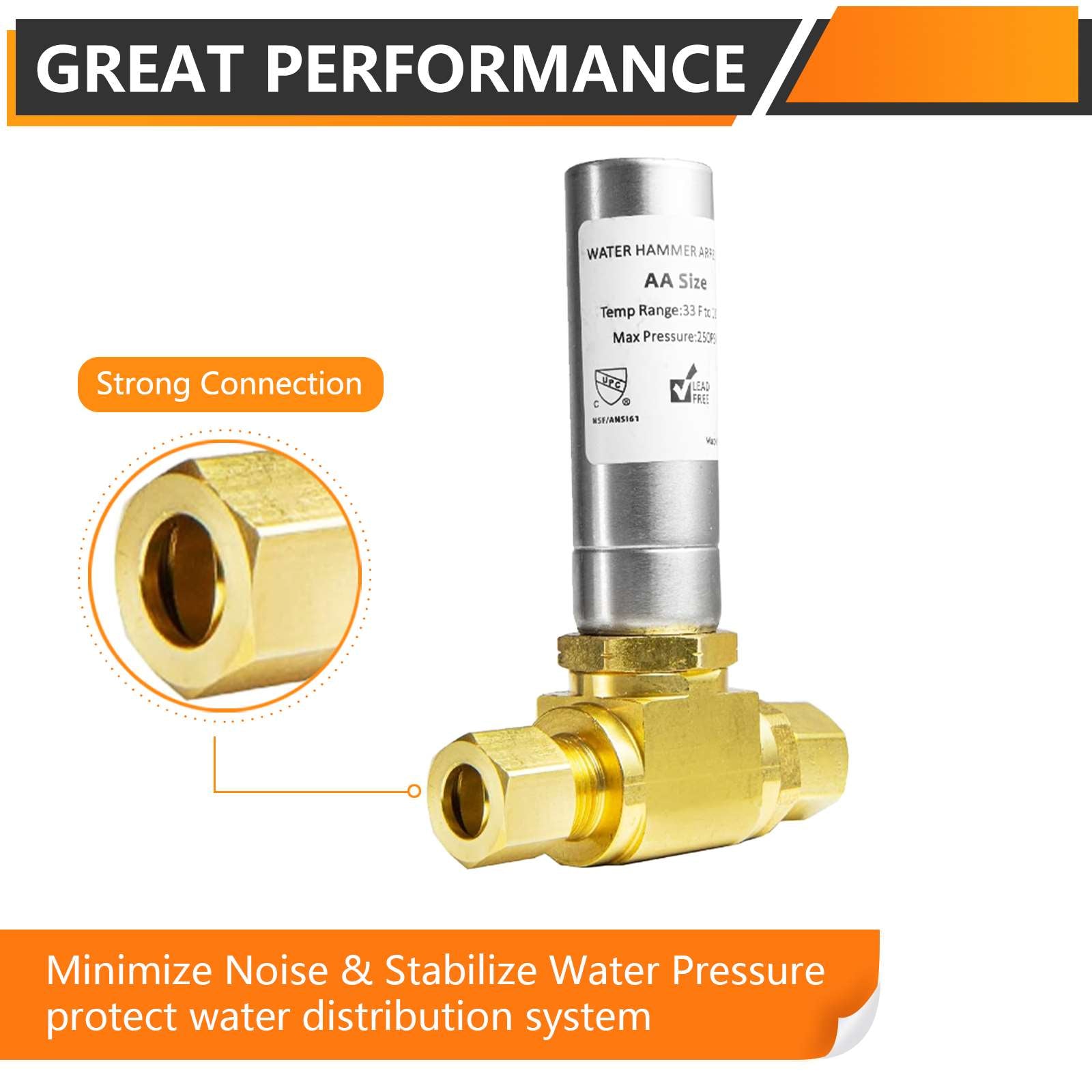 3/8" OD Comp. x 3/8" OD Female Comp. , Water Hammer Arrestor Tee For Dishwasher Connection, Stainless Steel