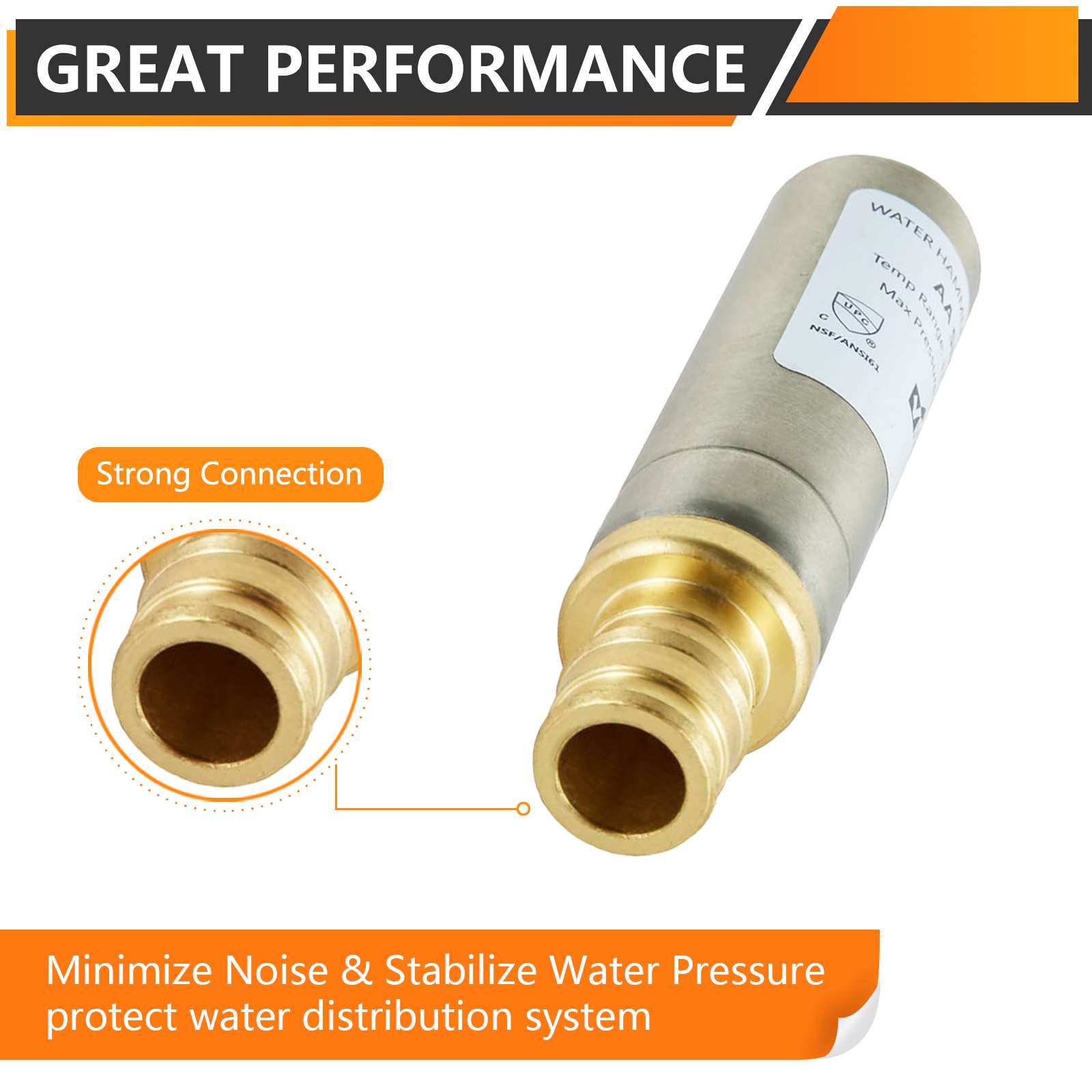 1/2" PEX-A Expansion Connection, Straight Water Hammer Arrestor, Stainless Steel