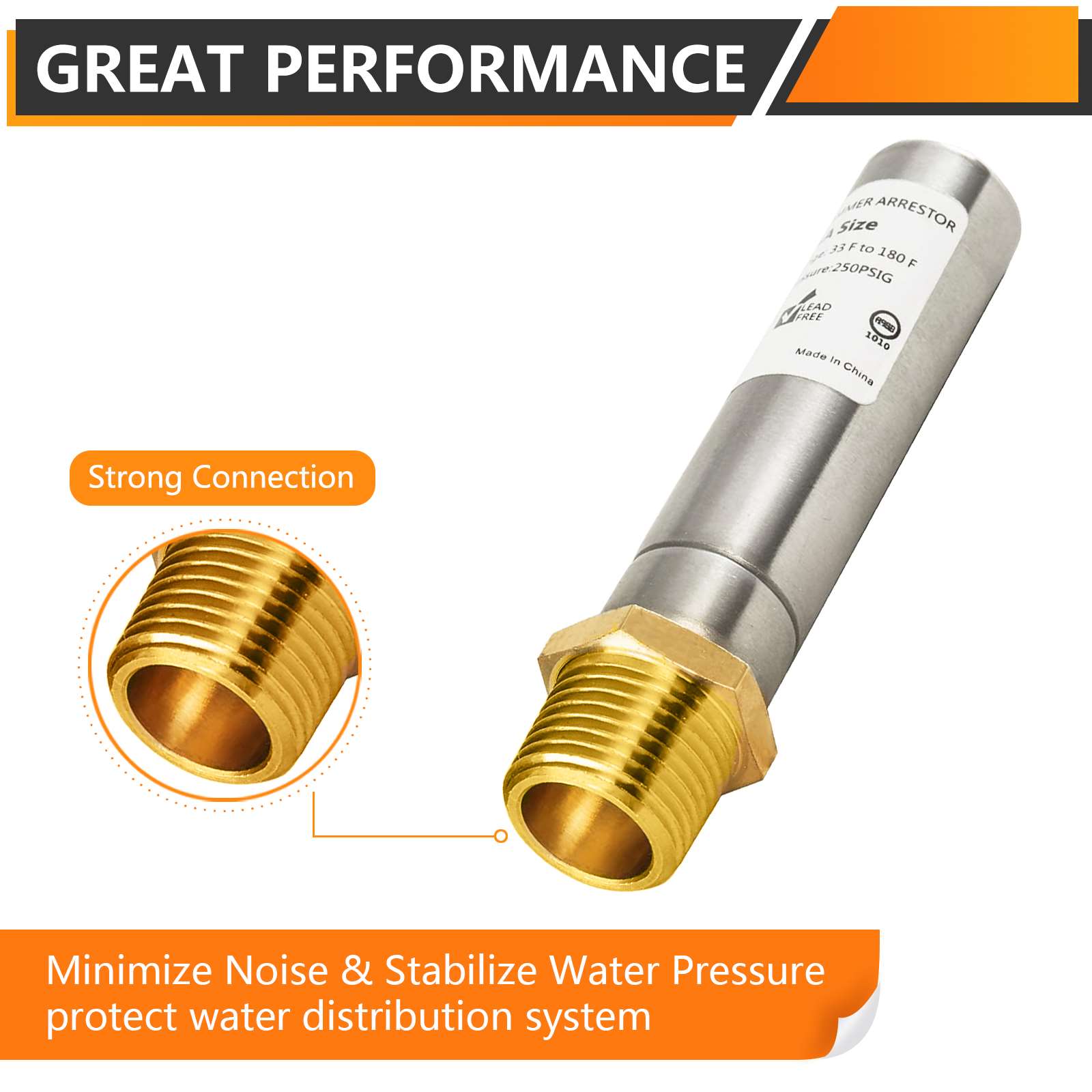 10 Pcs 1/2" MIP Thread, Straight Water Hammer Arrestor, Stainless Steel