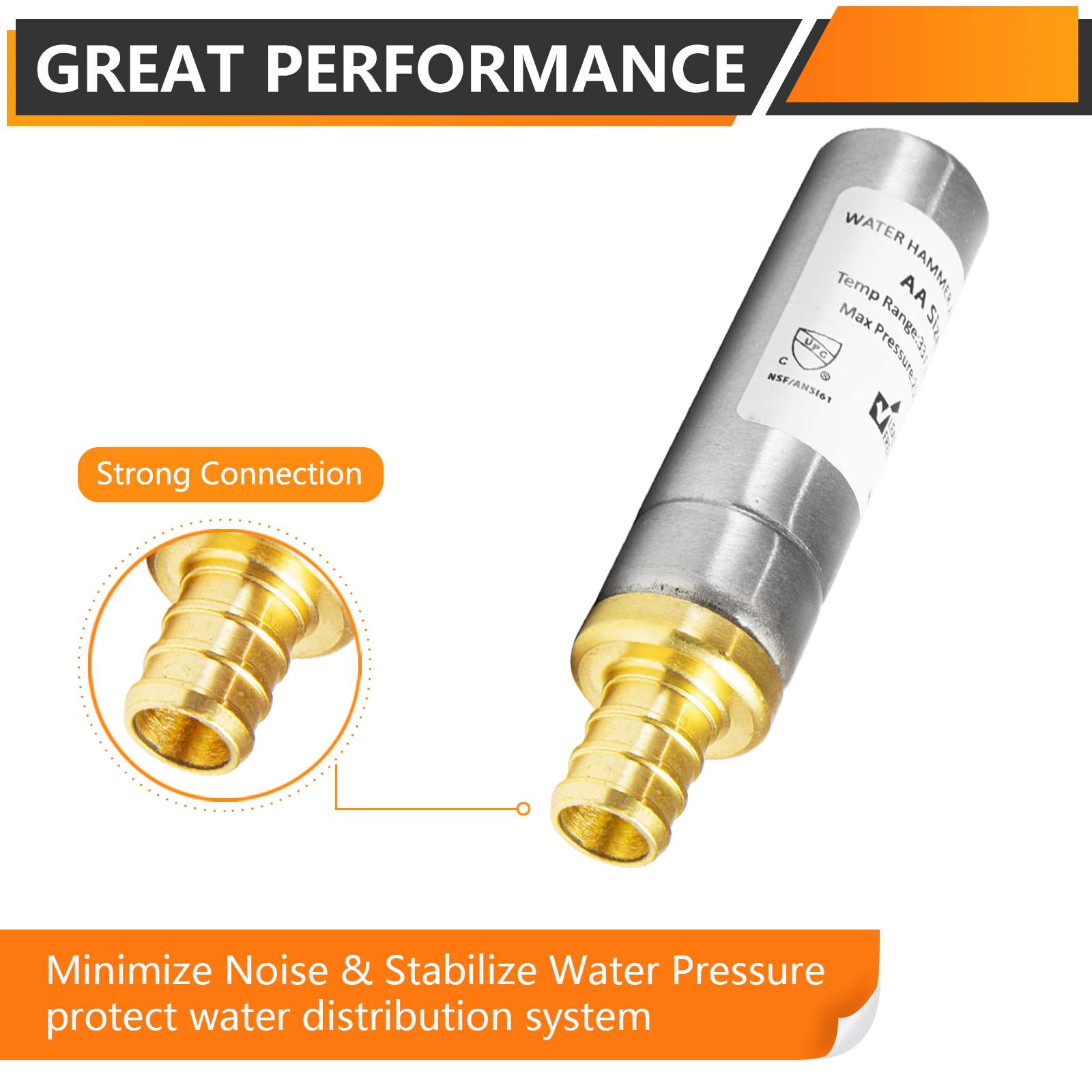 1/2" PEX Crimp Connection F1807, Straight Water Hammer Arrestor, Stainless Steel