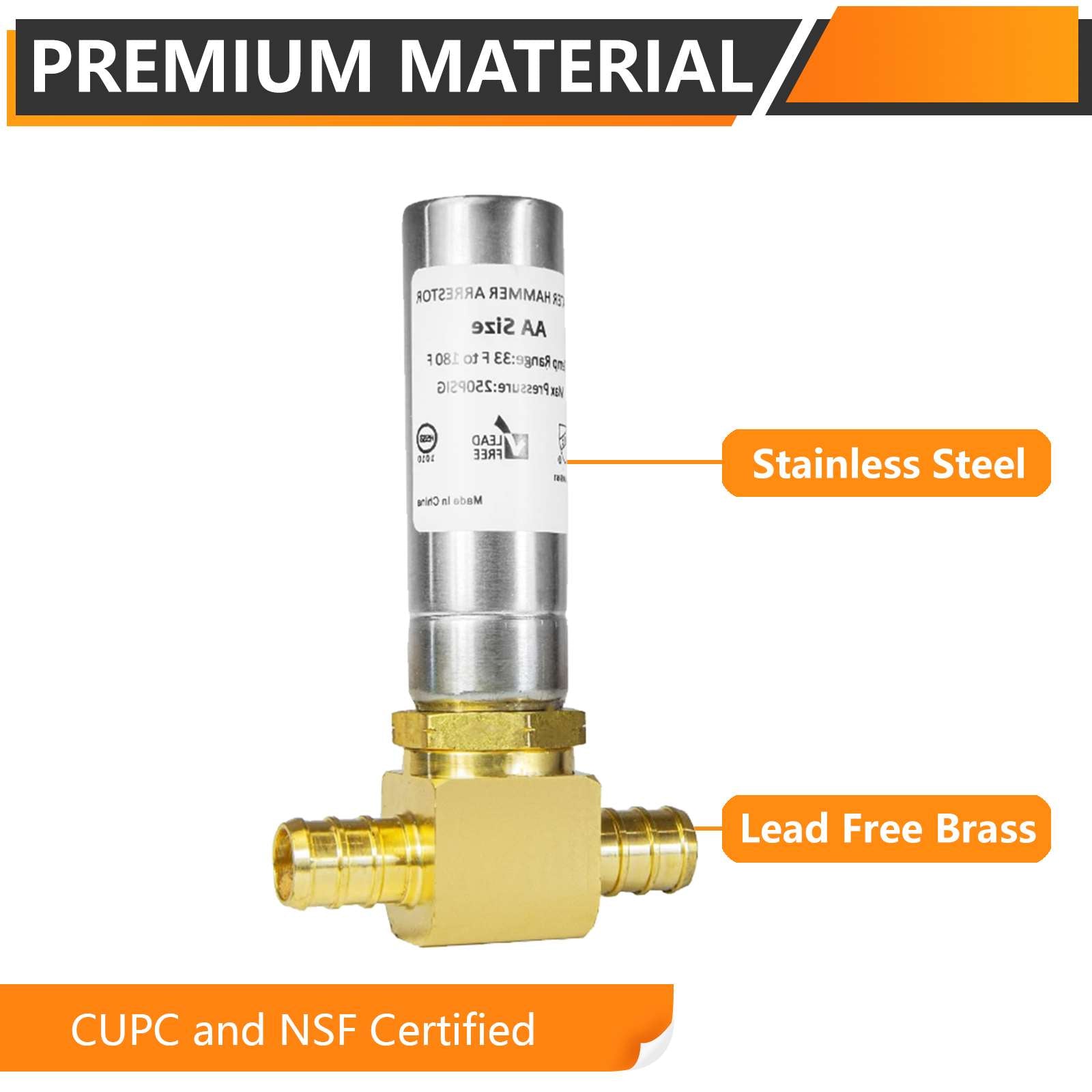 PEX Crimp Connection, Water Hammer Arrestor Tee, Stainless Steel