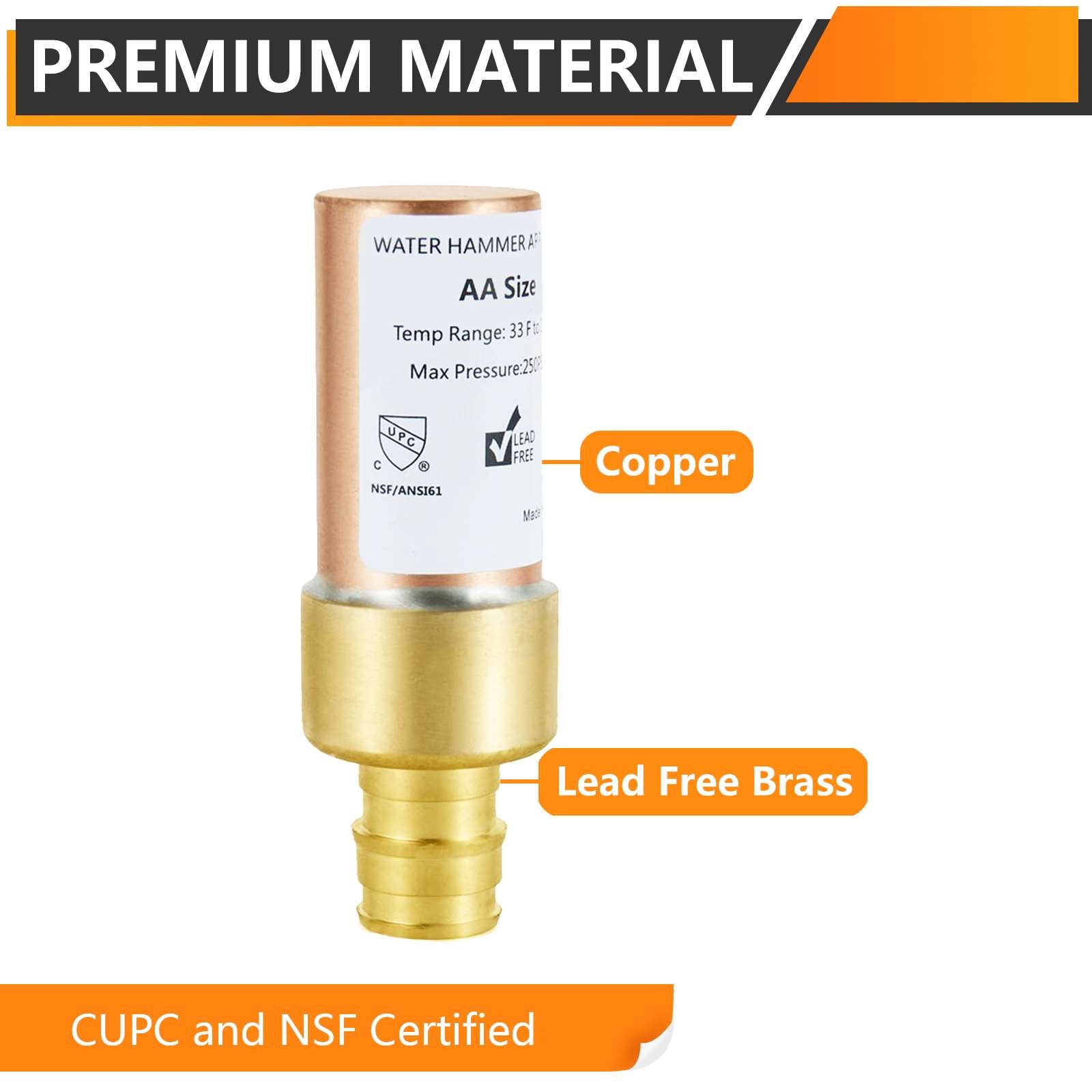 1/2" PEX-A Expansion Connection, Straight Water Hammer Arrestor, Copper