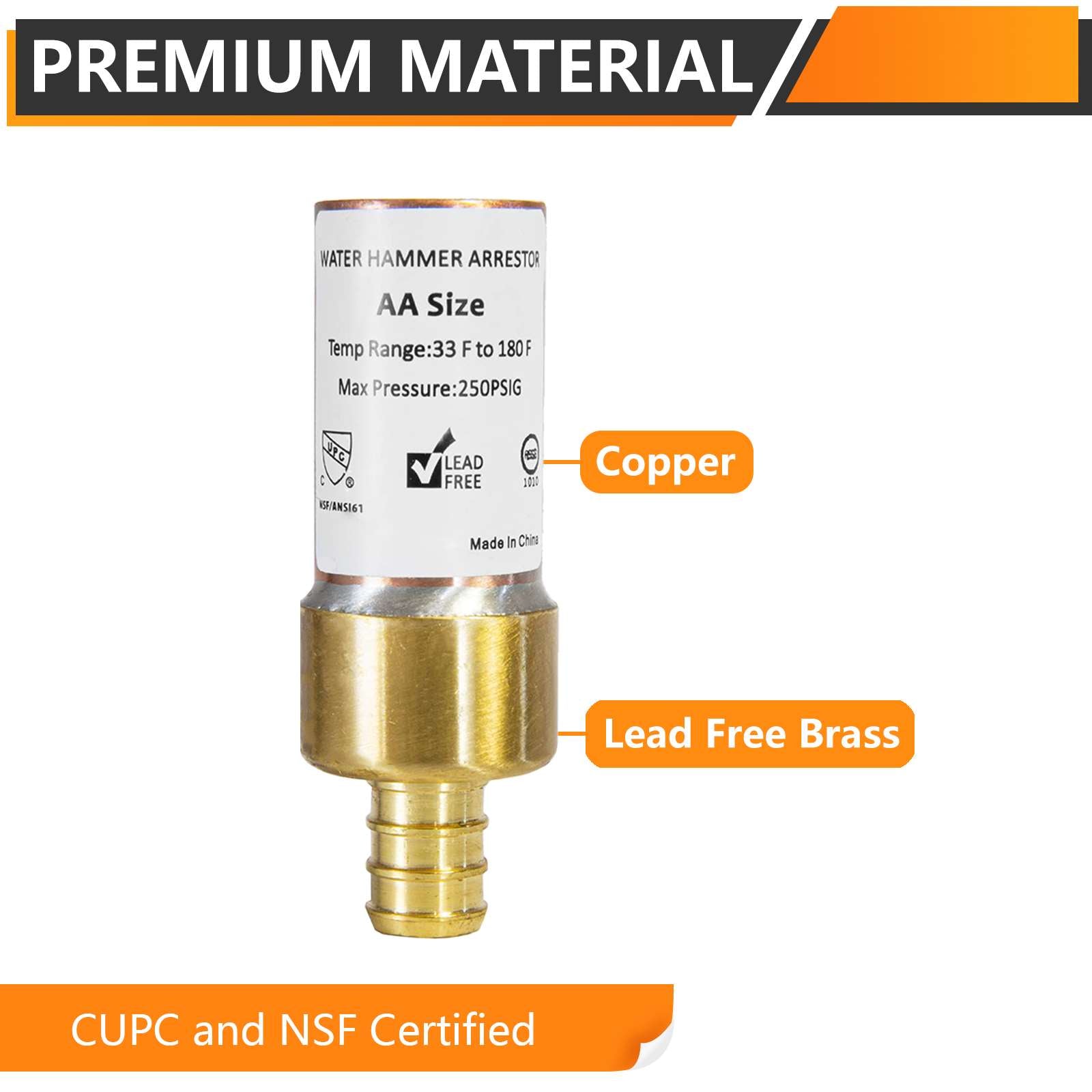 10 Pcs 1/2" PEX Crimp Connection F1807, Straight Water Hammer Arrestor, Copper