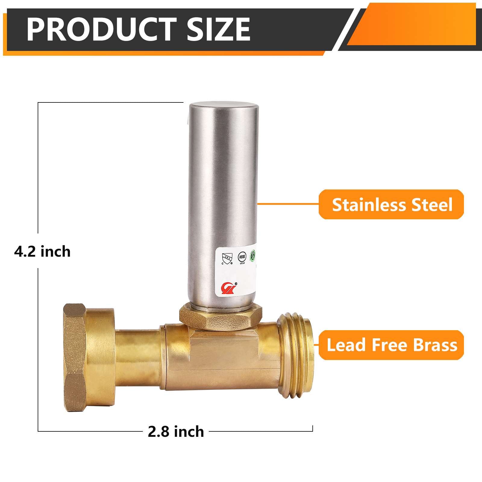 3/4" Swivel FHT x 3/4" MHT for Washing Machine, Water Hammer Arrestor Tee, Stainless Steel