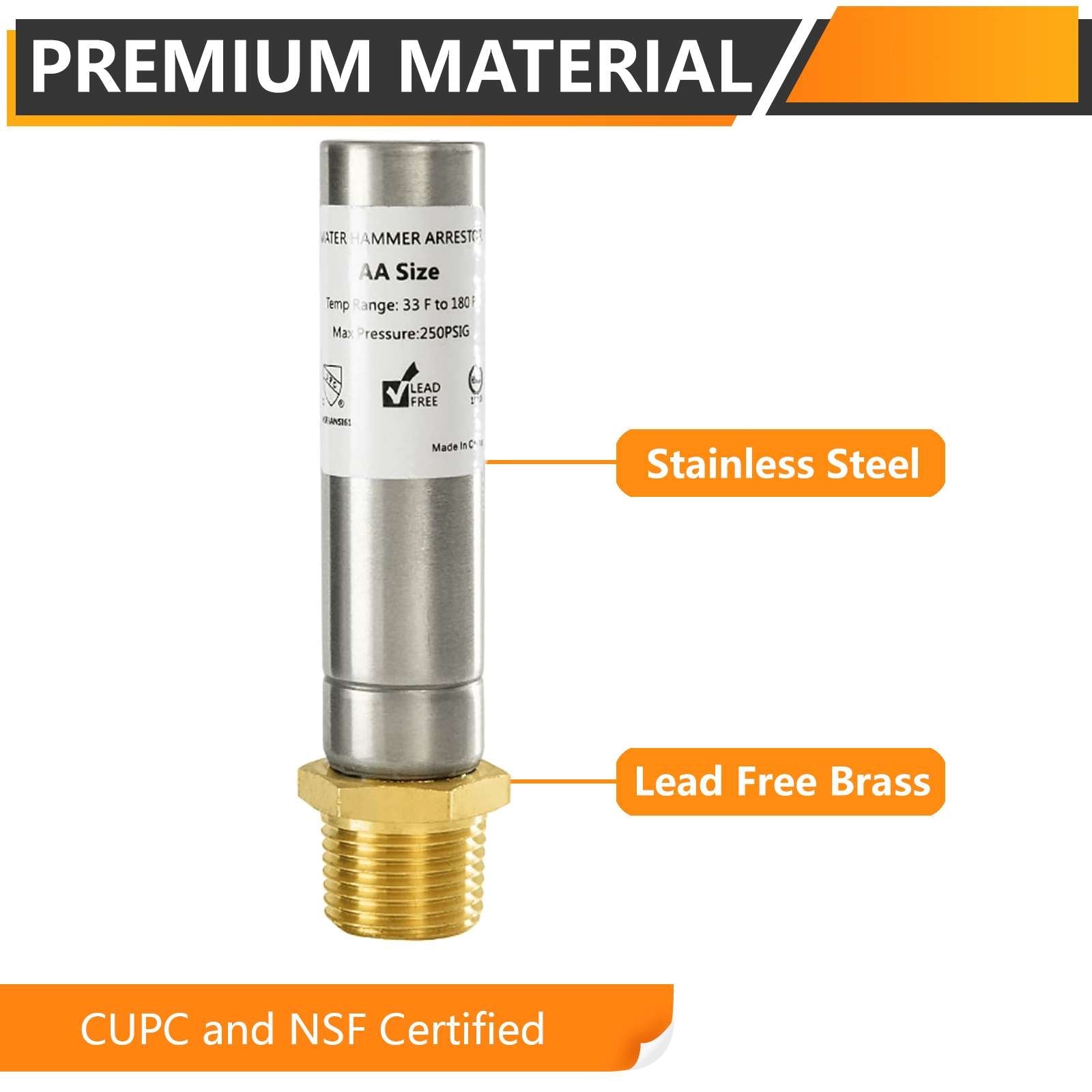 10 Pcs 1/2" MIP Thread, Straight Water Hammer Arrestor, Stainless Steel