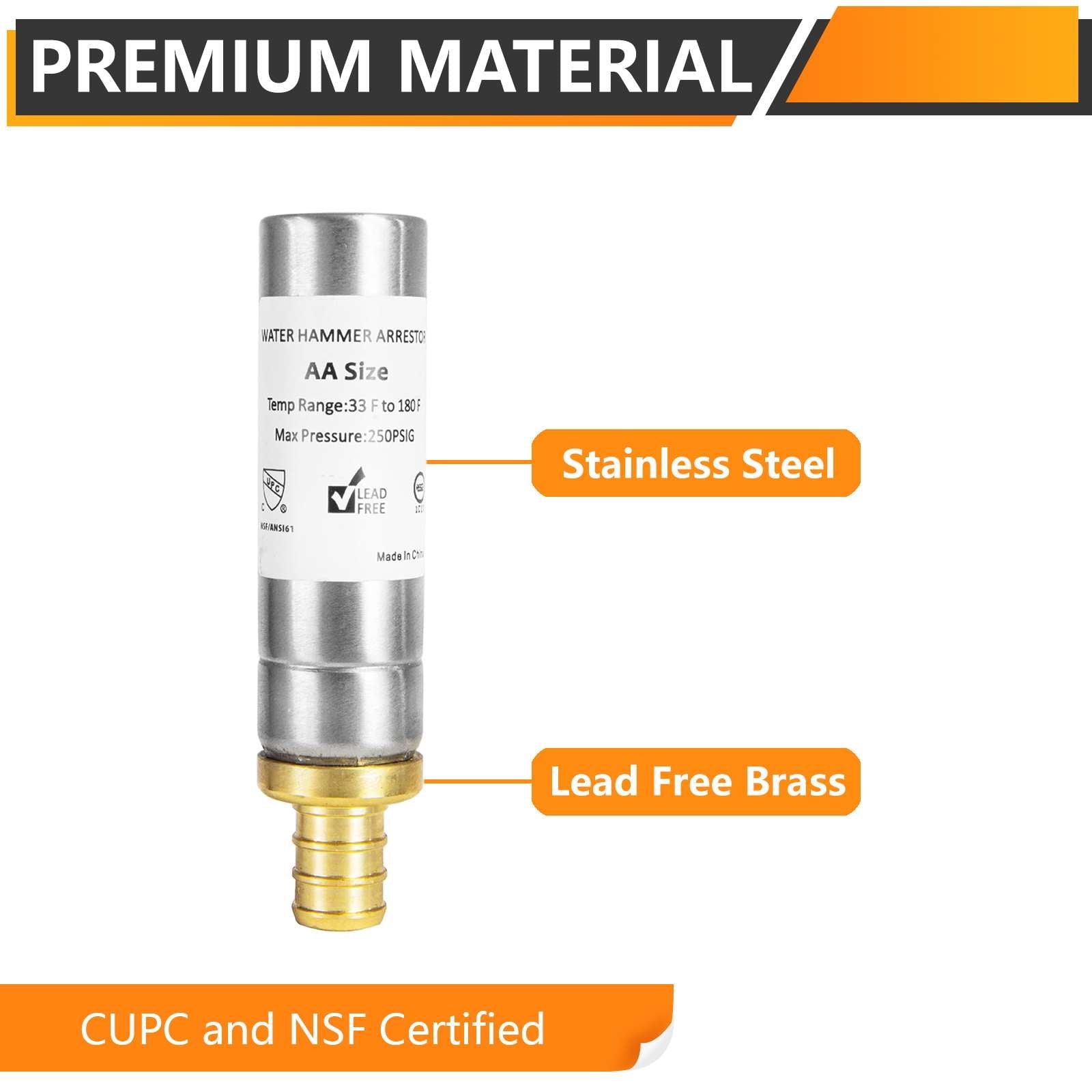 1/2" PEX Crimp Connection F1807, Straight Water Hammer Arrestor, Stainless Steel