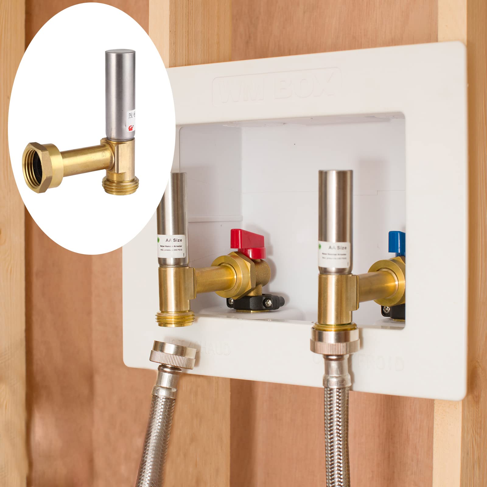 3/4" Swivel FHT x 3/4" MHT Water Hammer Arrestor Tee for Washing Machine, Stainless Steel