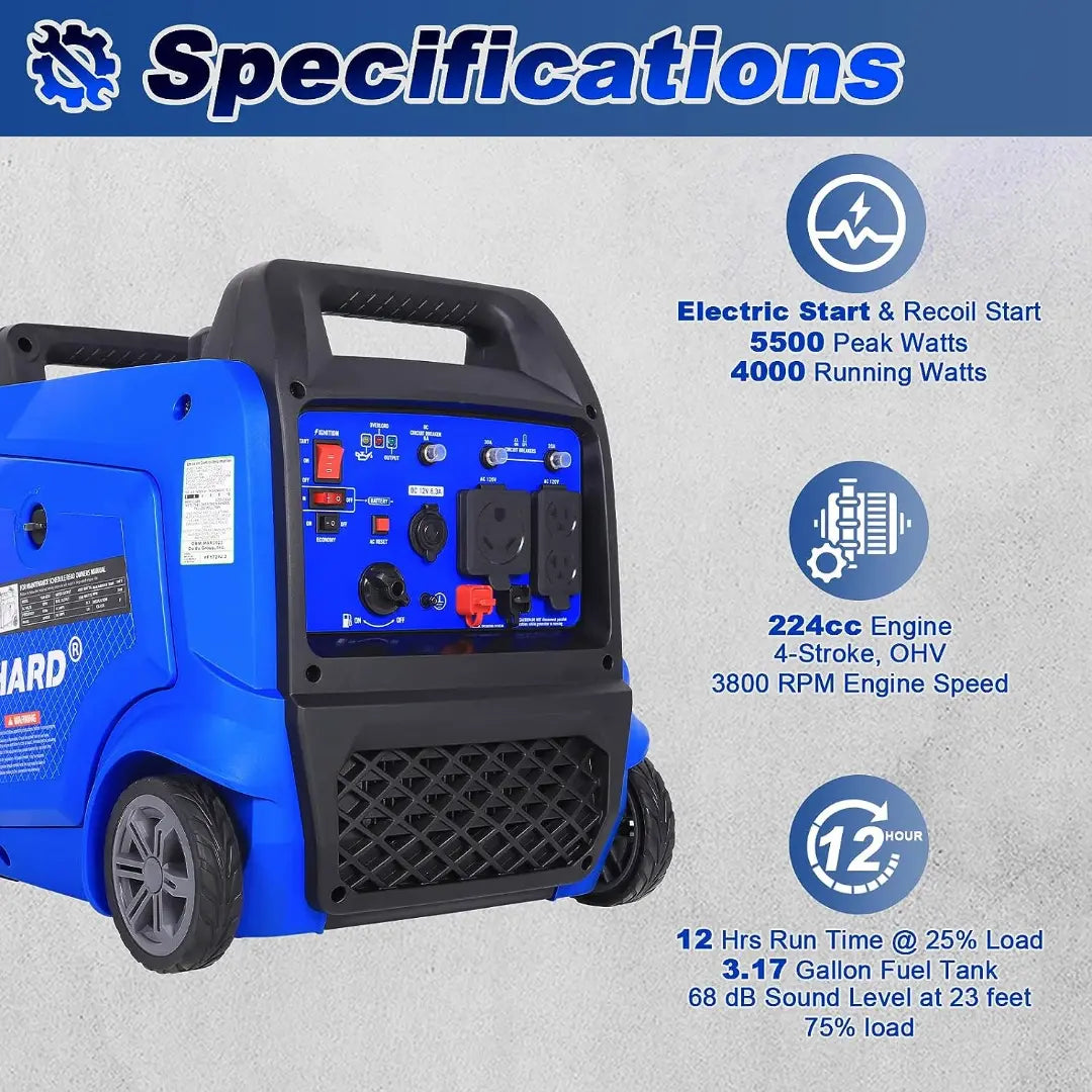 BILT HARD Portable Generator 5500 Watt, Quiet Inverter Generator with Electric Start, 120V NEMA 5-20R, NEMA TT-30R and 12V DC Output, Outdoor Generators for Home Backup Use and RV Ready