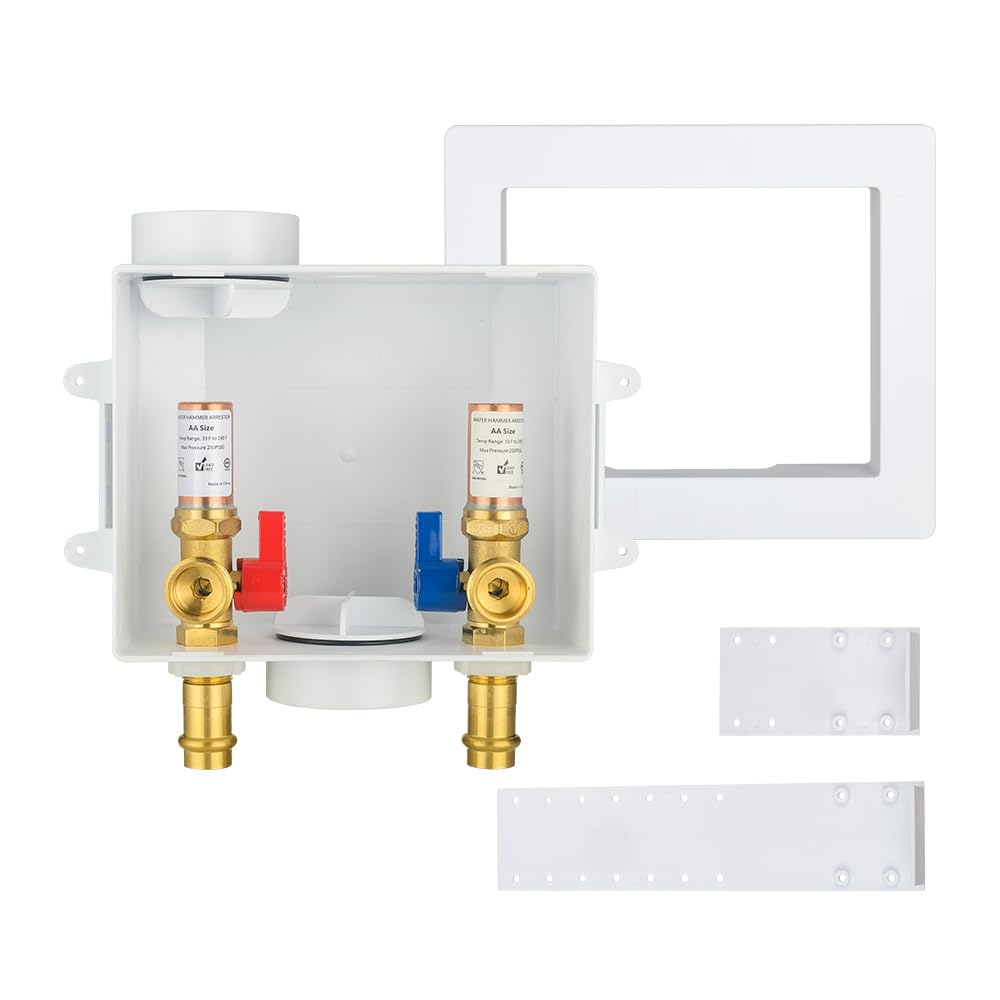 1/2" Copper Press Inlet, Washing Machine Outlet Box, with Copper Water Hammer Arrestor, Center Drain
