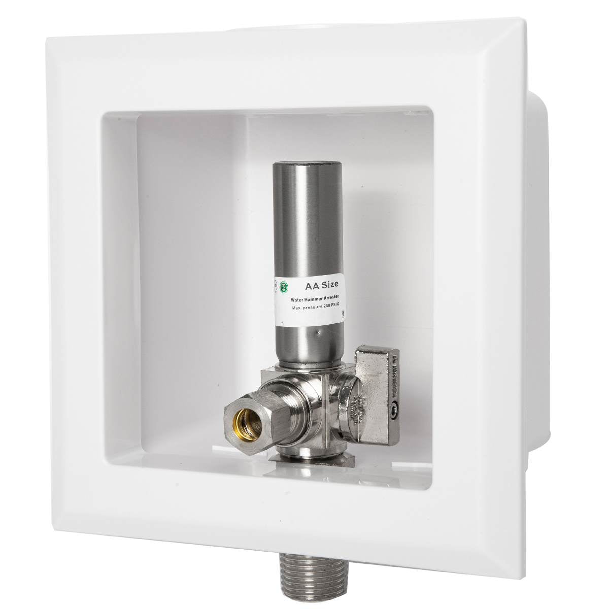 1/2" MIP Inlet, Dishwasher Outlet Box, With Stainless Steel Water Hammer Arrestor