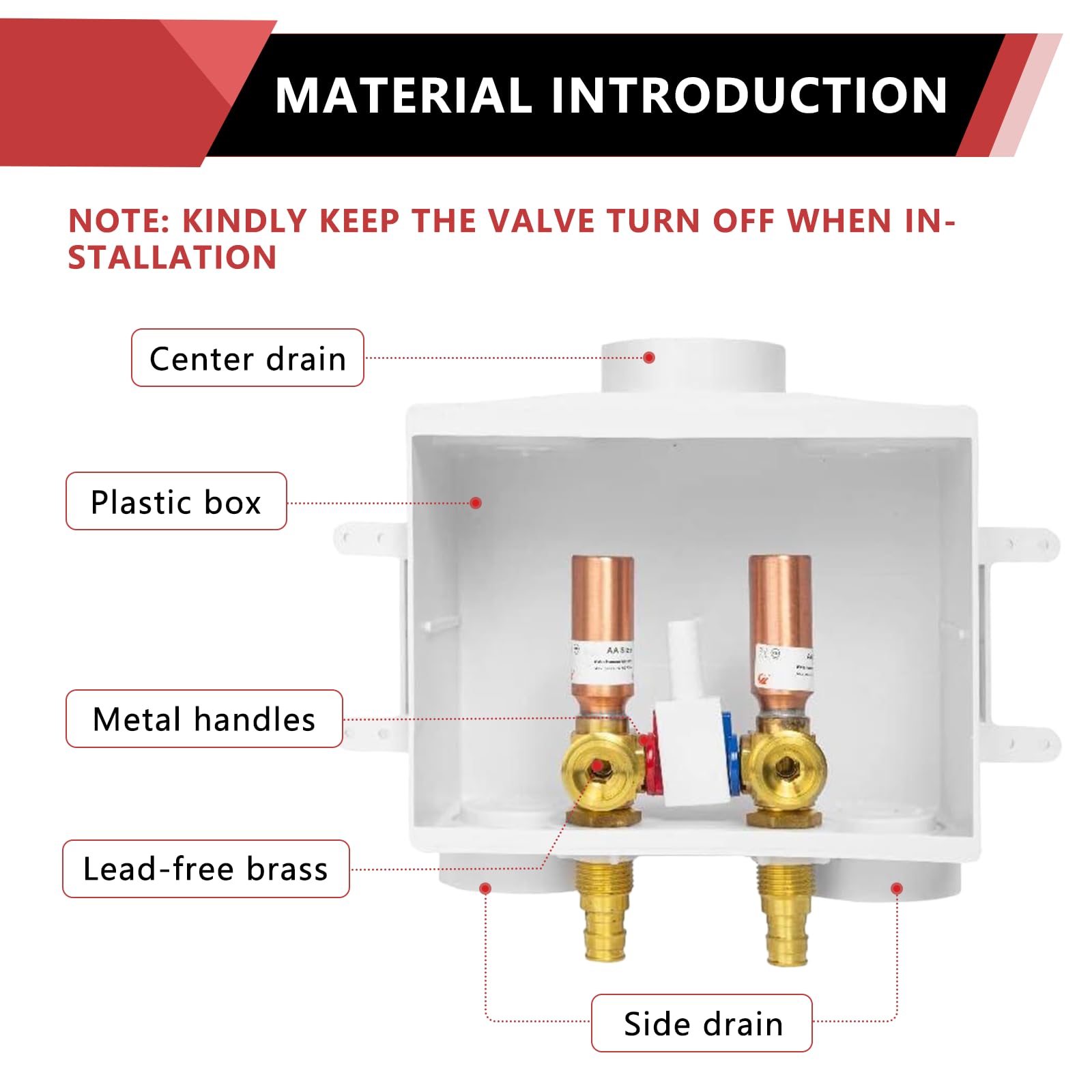 1/2" PEX Crimp (F1807) Inlet, Washing Machine Outlet Box, Single Control Valve, Copper Water Hammer Arrestor