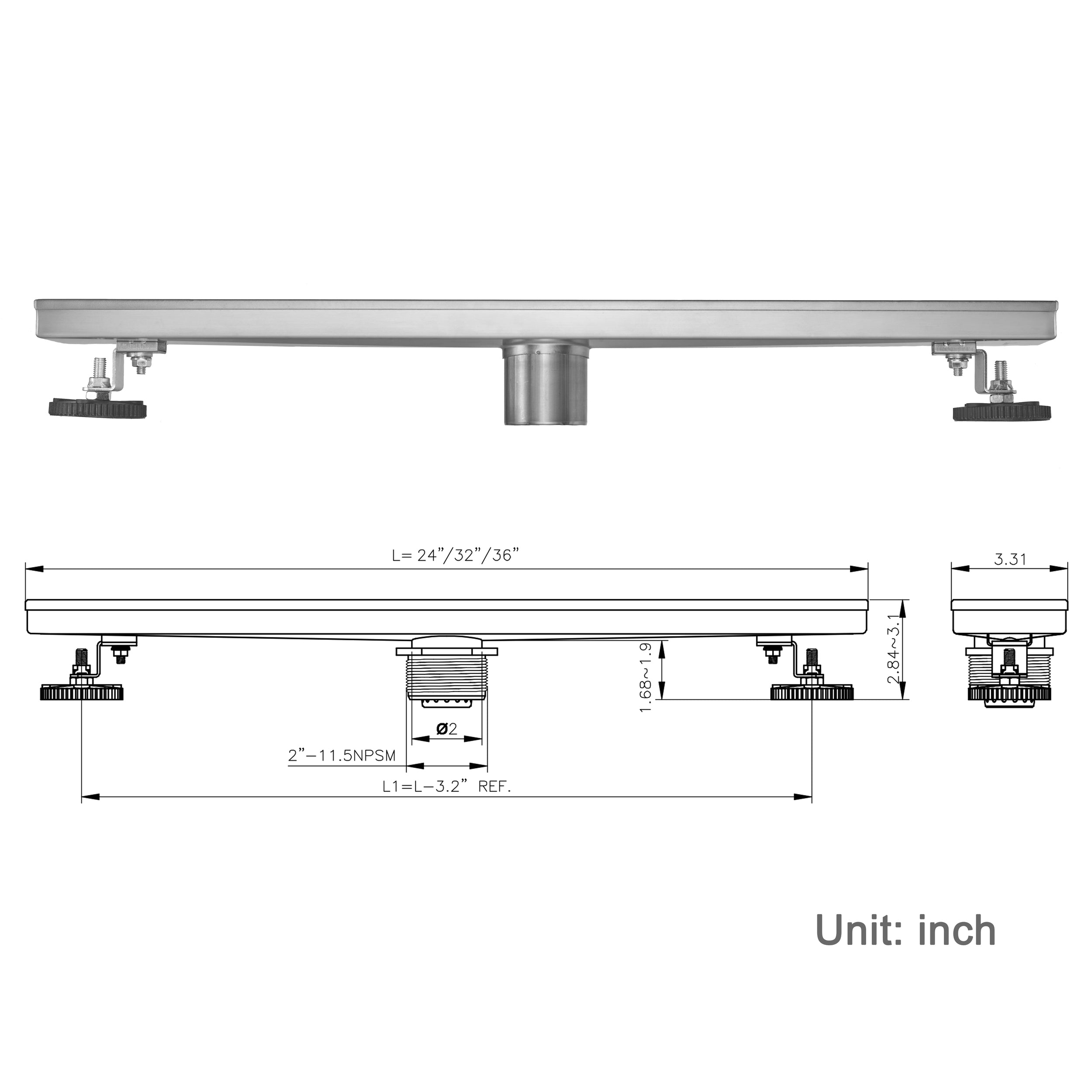 36" Linear Shower Drain, Square Hole Pattern Shower Drain, Brushed 304 Stainless Steel Linear Drain with Levelingft & Hair Strainer