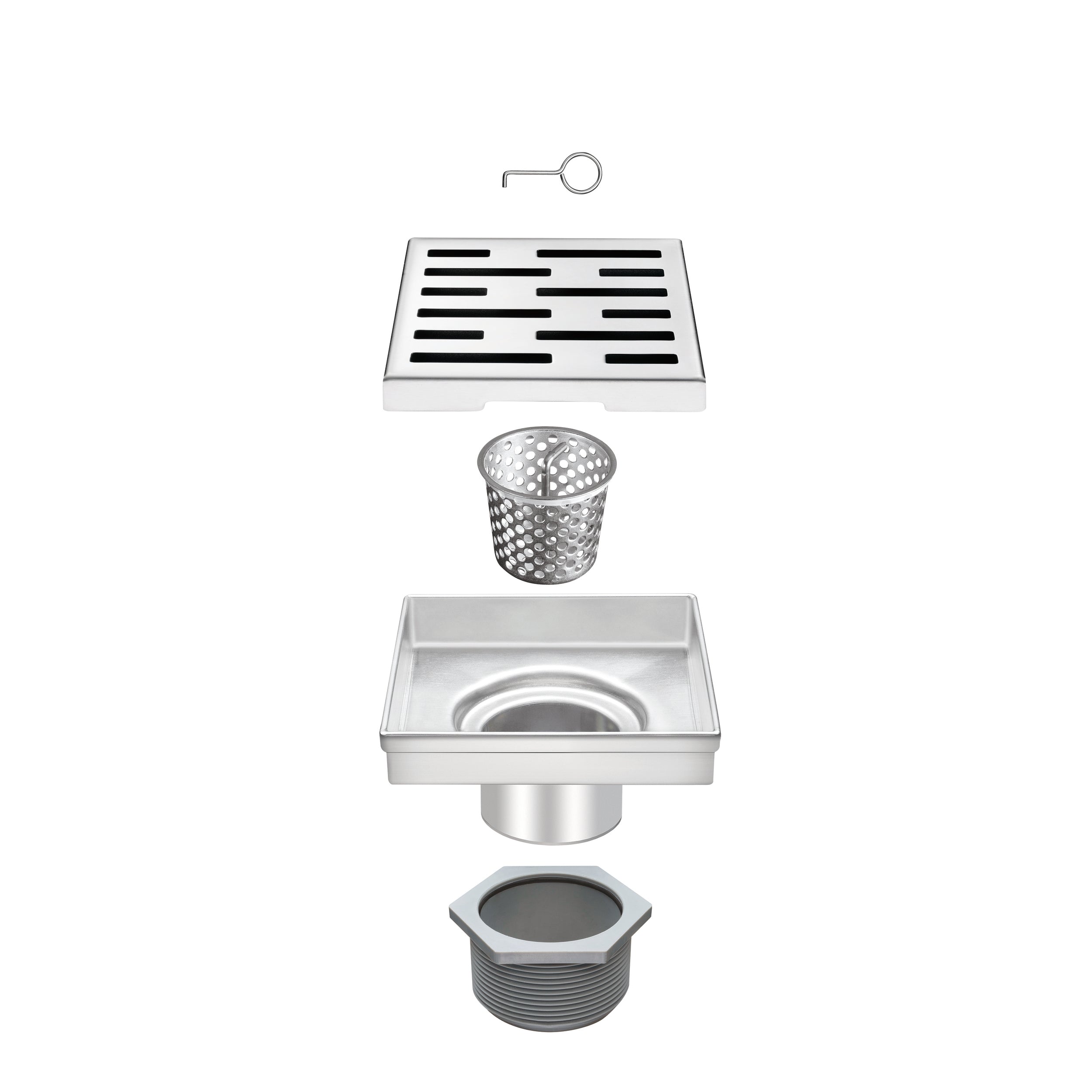 6" Square Shower Drain with Removable Grate Brushed Polished 304 Stainless Steel Shower Drain Floor Shower Drain with Hair Strainer Adjustable Levellingft
