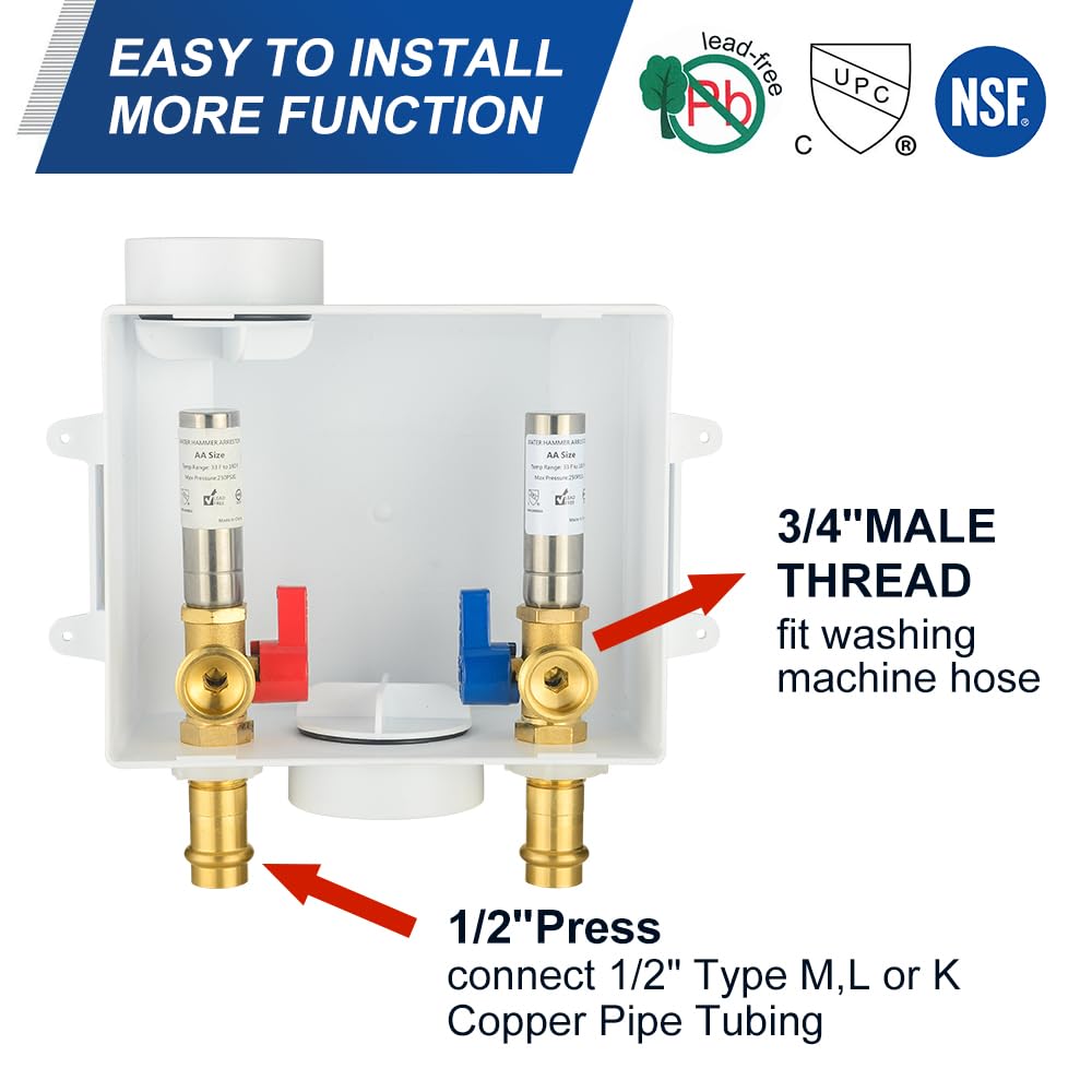 10 Pcs 1/2" Copper Press Inlet, Washing Machine Outlet Box, with SS Water Hammer Arrestor, Center Drain