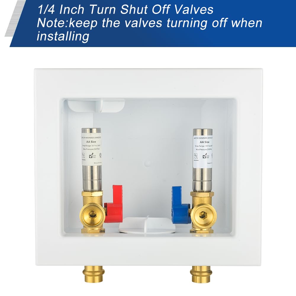 10 Pcs 1/2" Copper Press Inlet, Washing Machine Outlet Box, with SS Water Hammer Arrestor, Center Drain