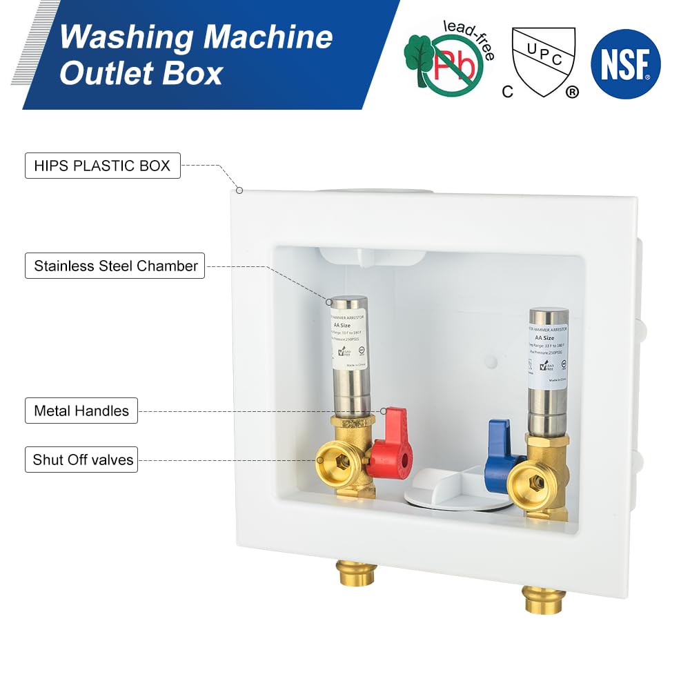 10 Pcs 1/2" Copper Press Inlet, Washing Machine Outlet Box, with SS Water Hammer Arrestor, Center Drain