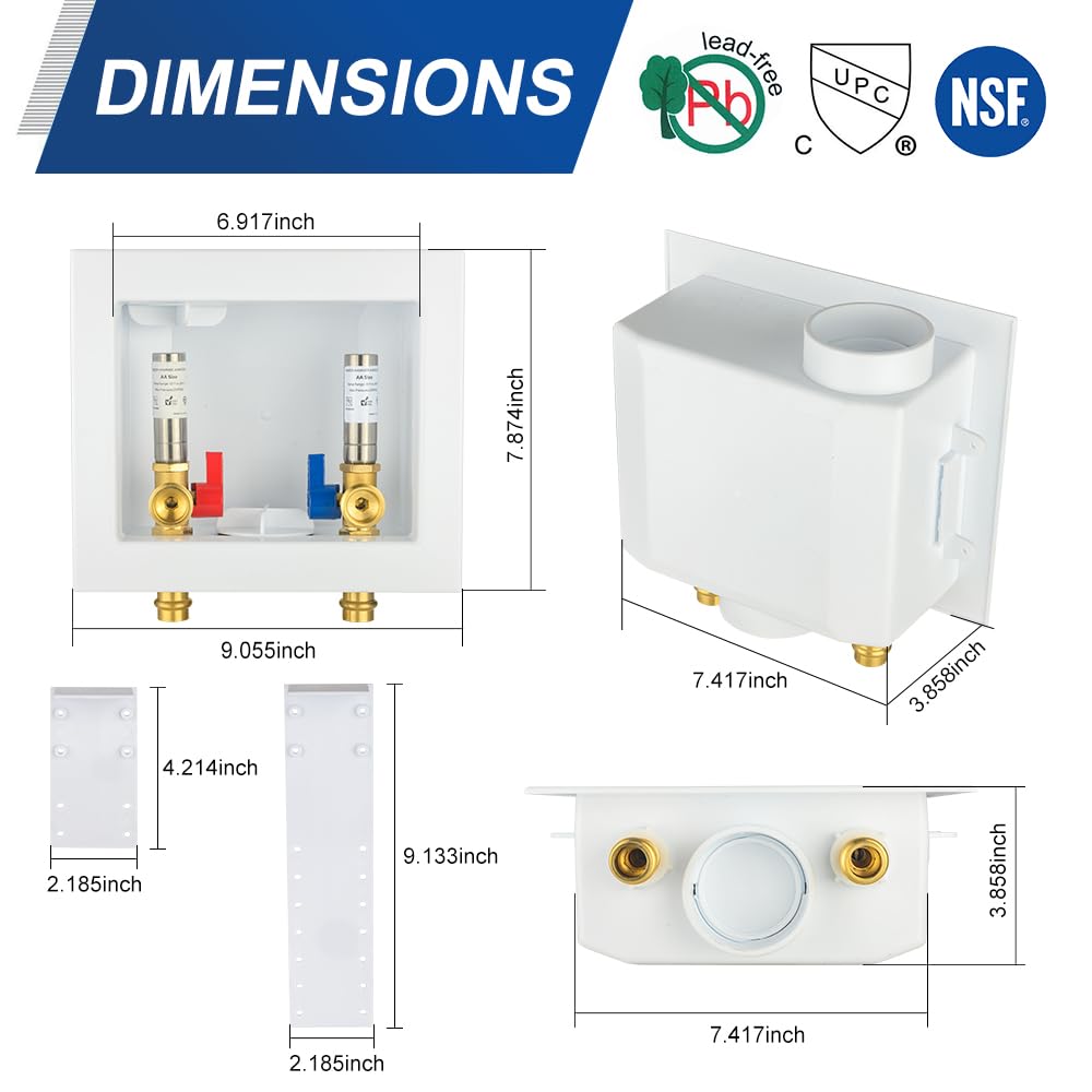 10 Pcs 1/2" Copper Press Inlet, Washing Machine Outlet Box, with SS Water Hammer Arrestor, Center Drain