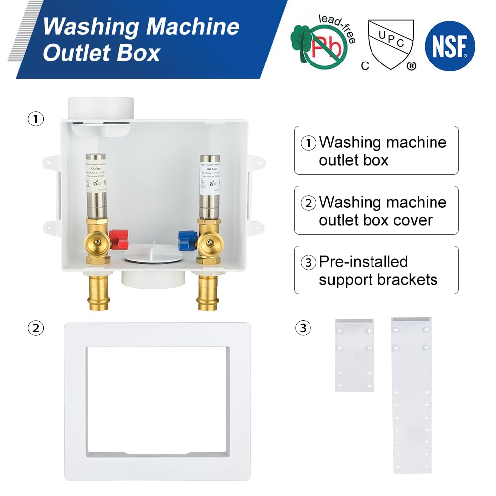 1/2" Copper Press Inlet, Washing Machine Outlet Box, with SS Water Hammer Arrestor, Center Drain