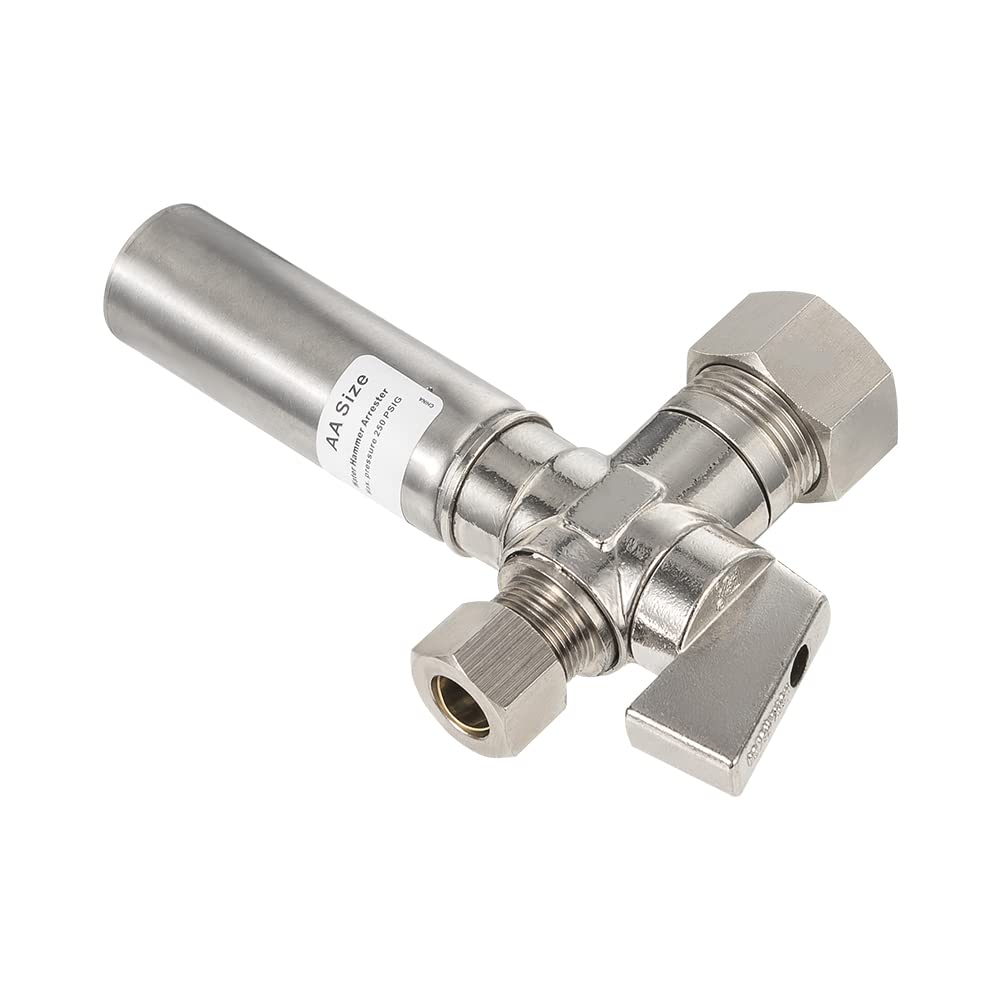 1/4 Turn Stop Straight Valve, 1/2" Nominal (5/8" OD) Compression x 3/8" OD With Stainless Steel Water Hammer Arrestor Chrome Plated Brass