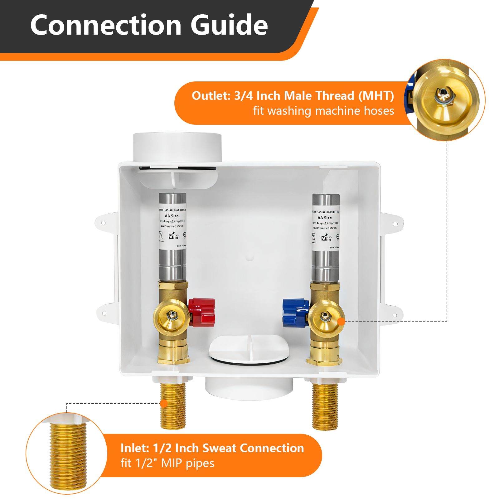 10 Pcs 1/2" Sweat Inlet, Washing Machine Outlet Box, with Stainless Steel Water Hammer Arrestor